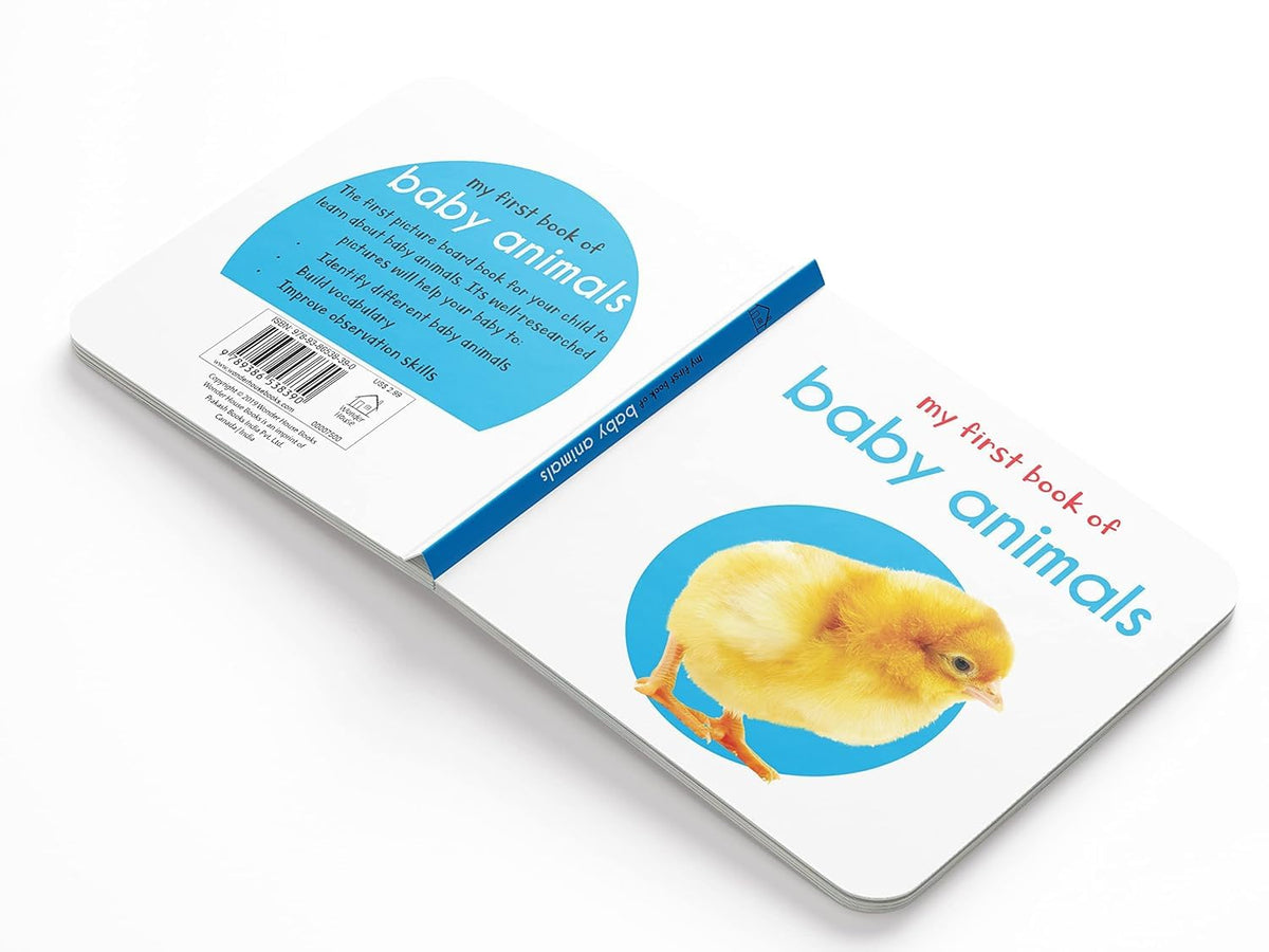 Book titled 'My First Book of Baby Animals' with a chick illustration on a white background