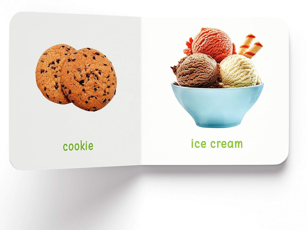 Educational card with images of a cookie and ice cream, labeled 'cookie' and 'ice cream' respectively.