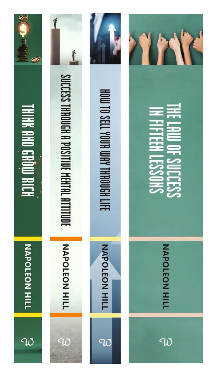 Four vertical book covers for Napoleon Hill's books, arranged side by side on a white background. The covers feature different color schemes: dark green, light blue, gray, and teal, with white titles and small illustrative images at the top.