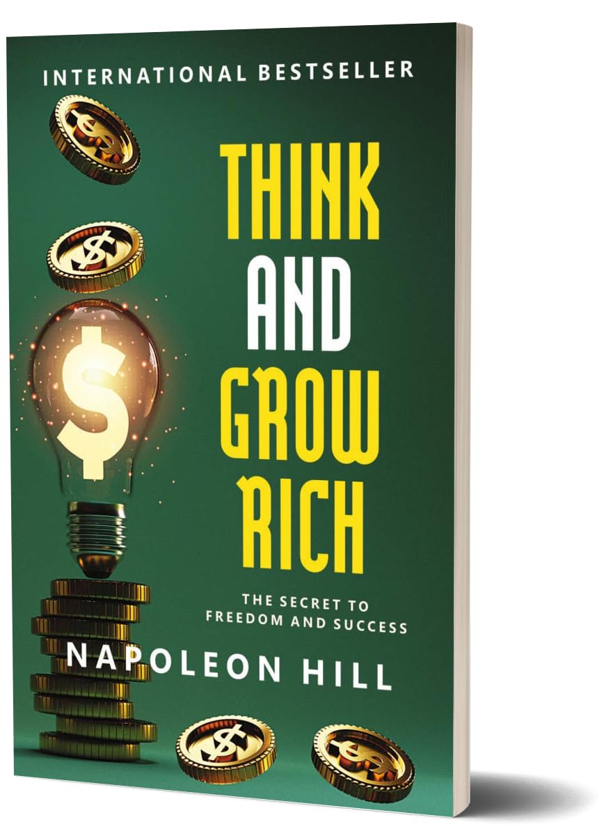 Book cover for 'Think and Grow Rich' by Napoleon Hill, featuring a dark green background with large yellow and white title text, a glowing light bulb with a dollar sign, and stacked gold coins.