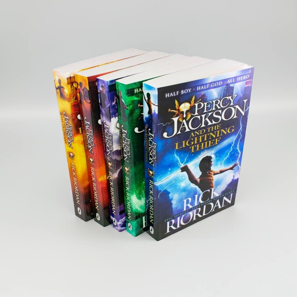 Percy Jackson paperback book collection displayed at an angle – colorful fantasy adventure series