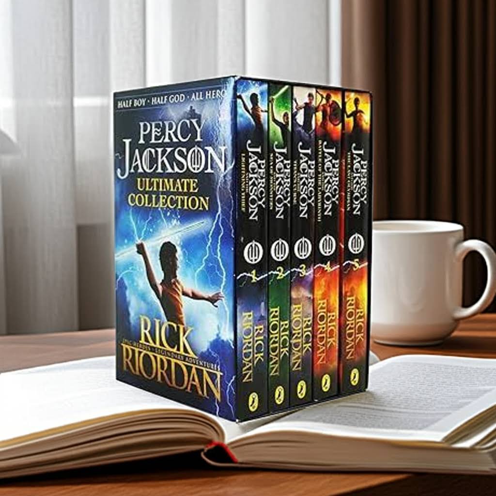 Percy Jackson book box set placed next to a cup of tea and window light – cozy reading scene for young readers