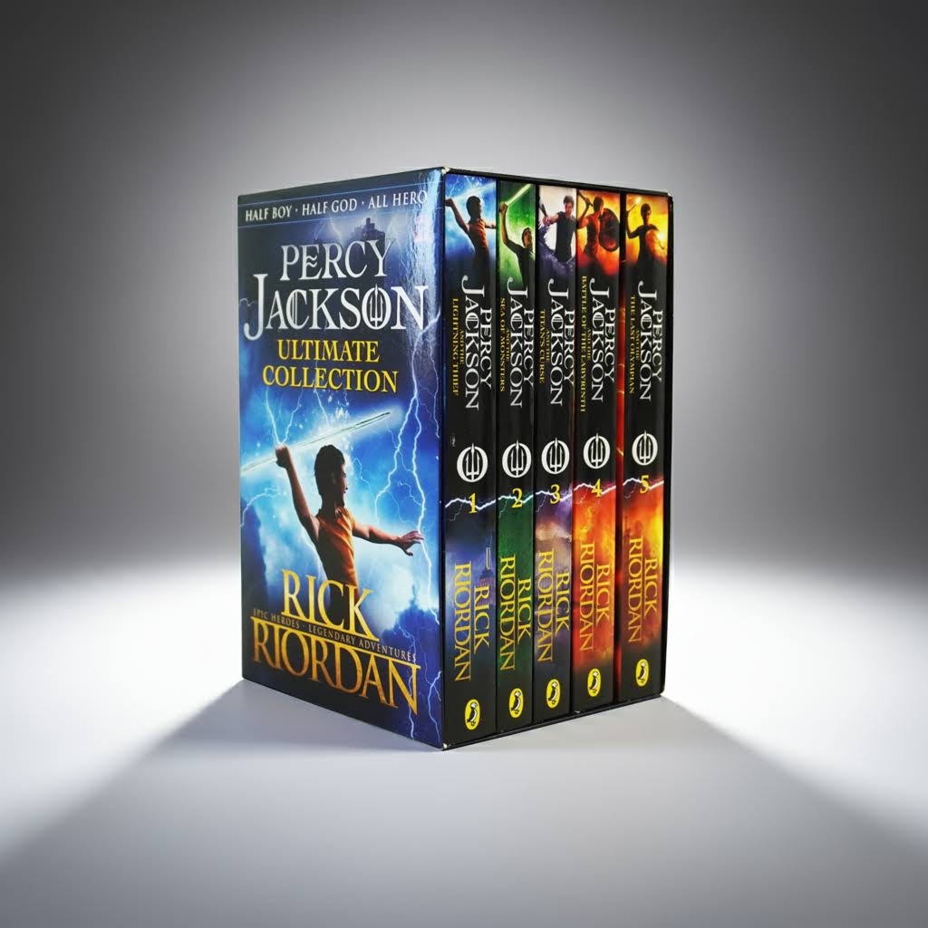 Percy Jackson 5 book box set by Rick Riordan on white background – ideal fantasy gift for kids and teens