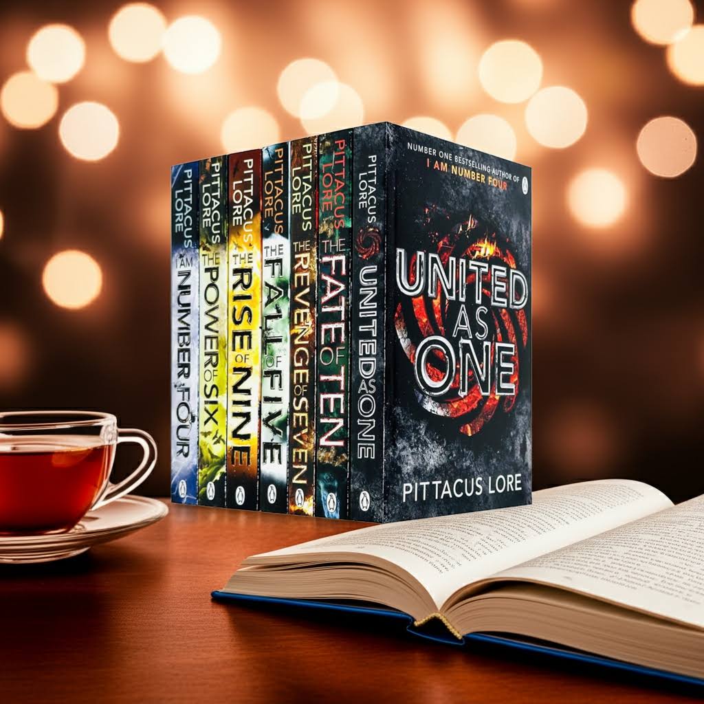 Pittacus Lore book box set displayed on a wooden table with warm lighting, a cup of tea and an open book – cozy reading gift for sci-fi fans
