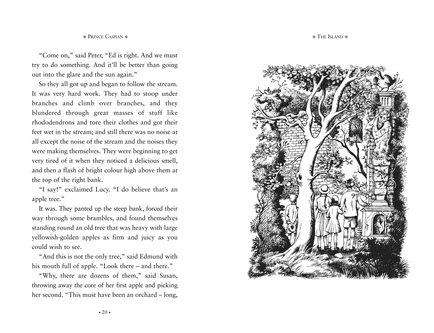 Page from a book with text and an illustration of a scene with people and trees.