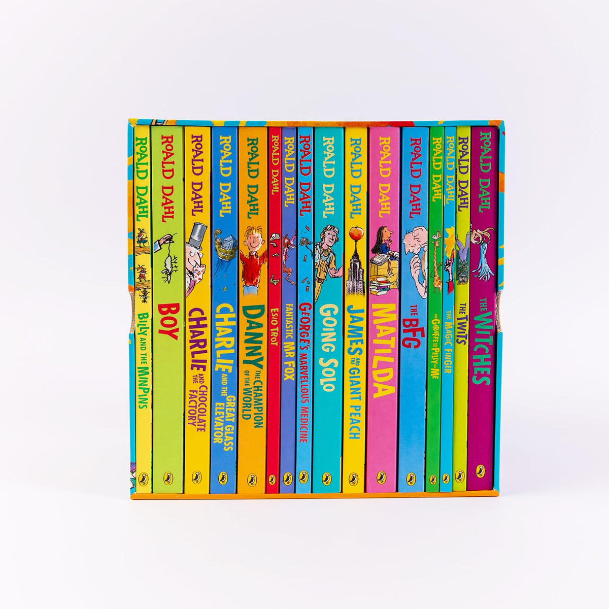 Collection of Roald Dahl books arranged in a colorful box set on a white background