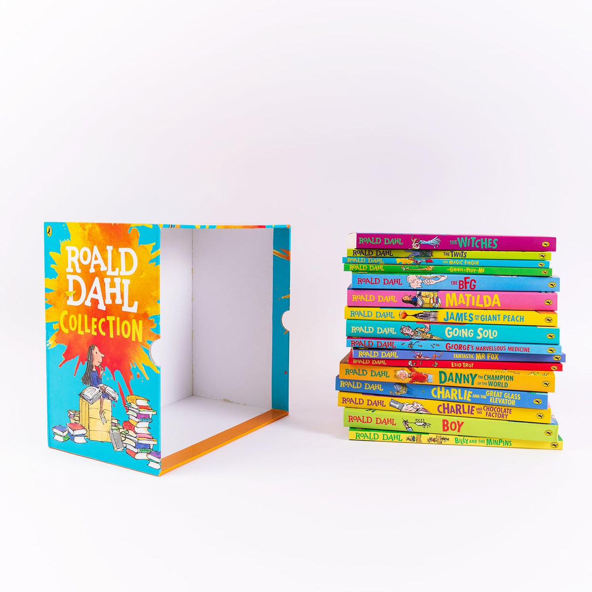 Roald Dahl book collection with colorful packaging on a white background