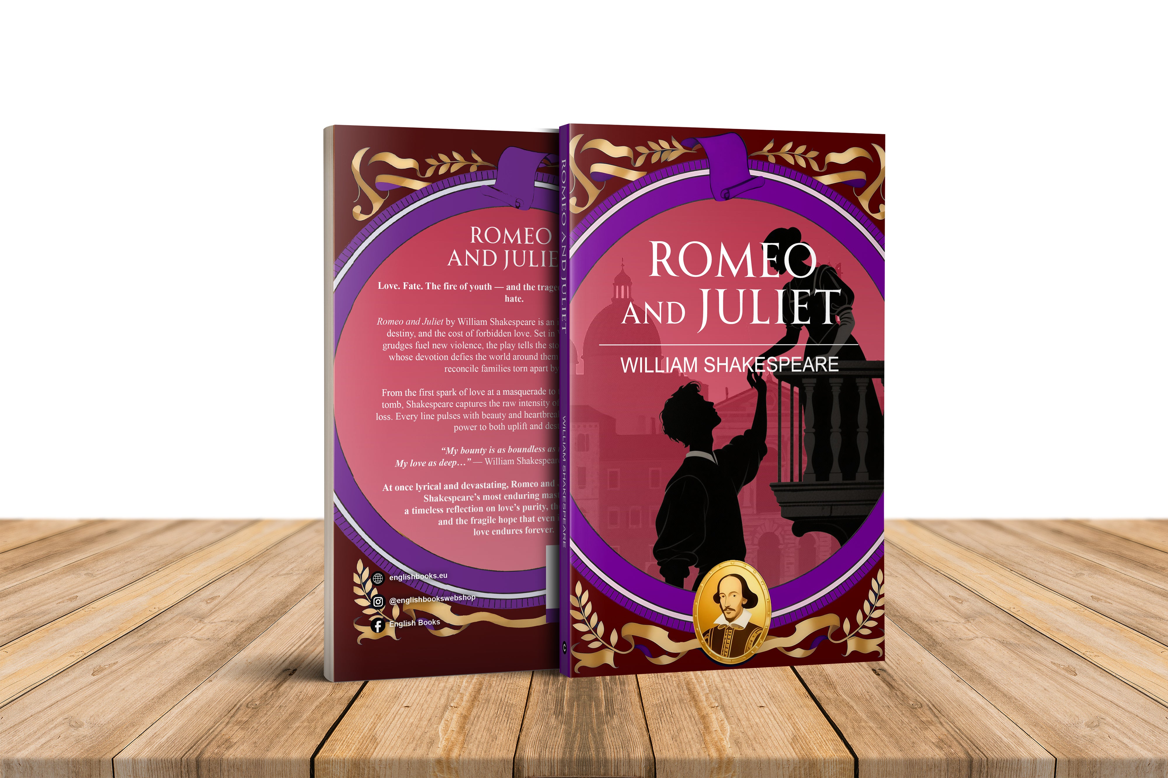 Book titled 'Romeo and Juliet' by William Shakespeare on a wooden surface