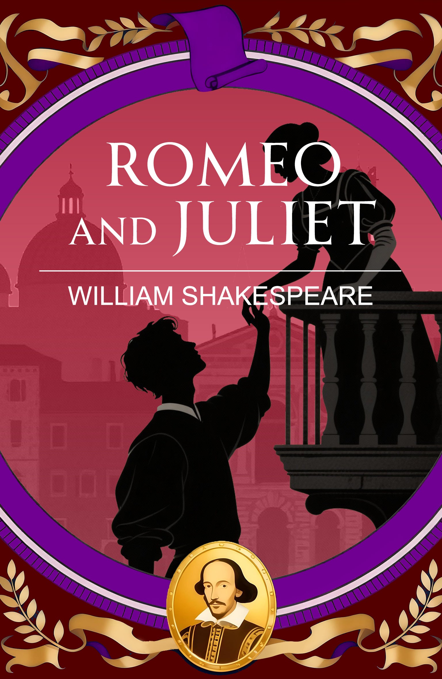 Book cover of 'Romeo and Juliet' by William Shakespeare with silhouettes and decorative elements.