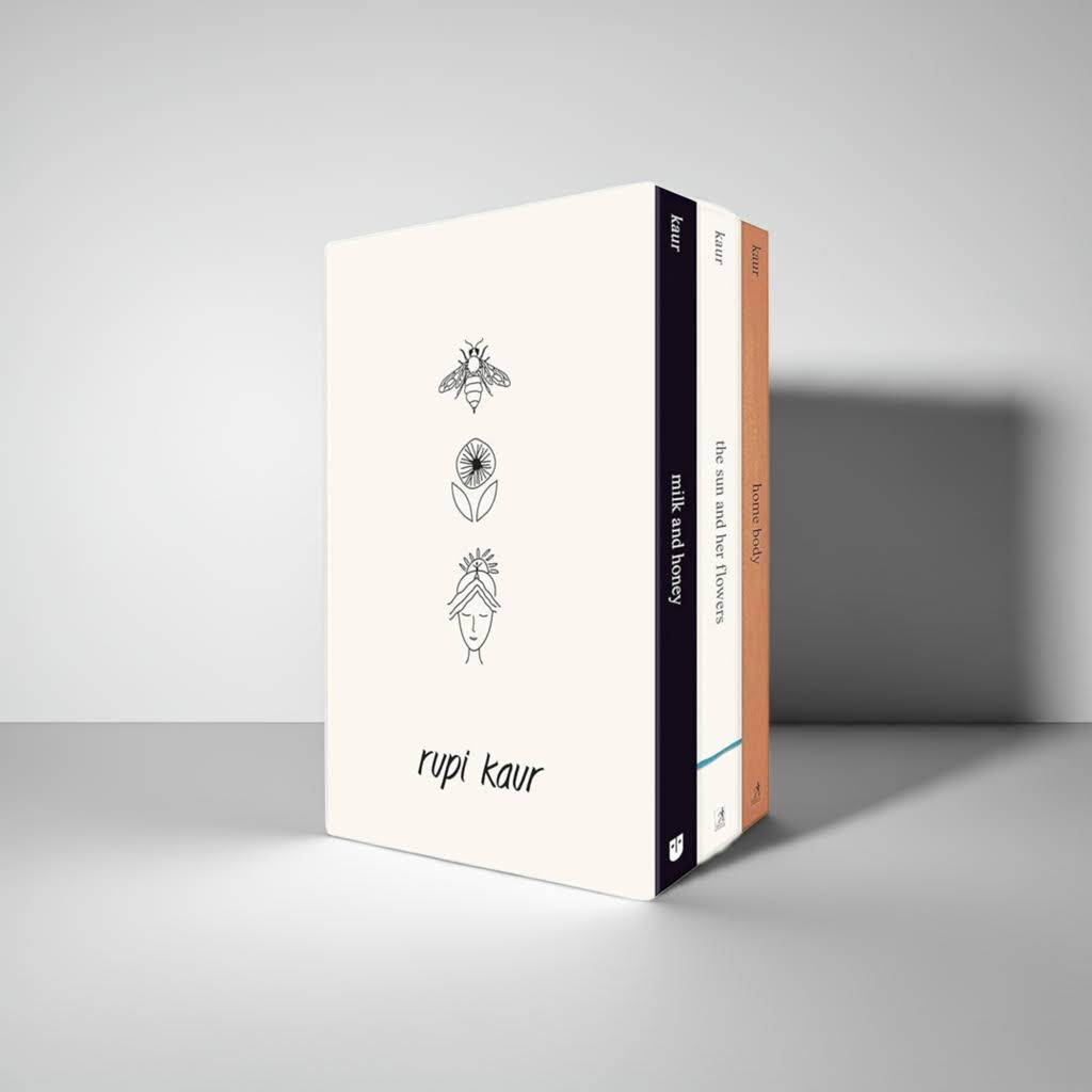 Rupi Kaur Trilogy Boxed Set with Milk and Honey, The Sun and Her Flowers, and Home Body displayed on a white background