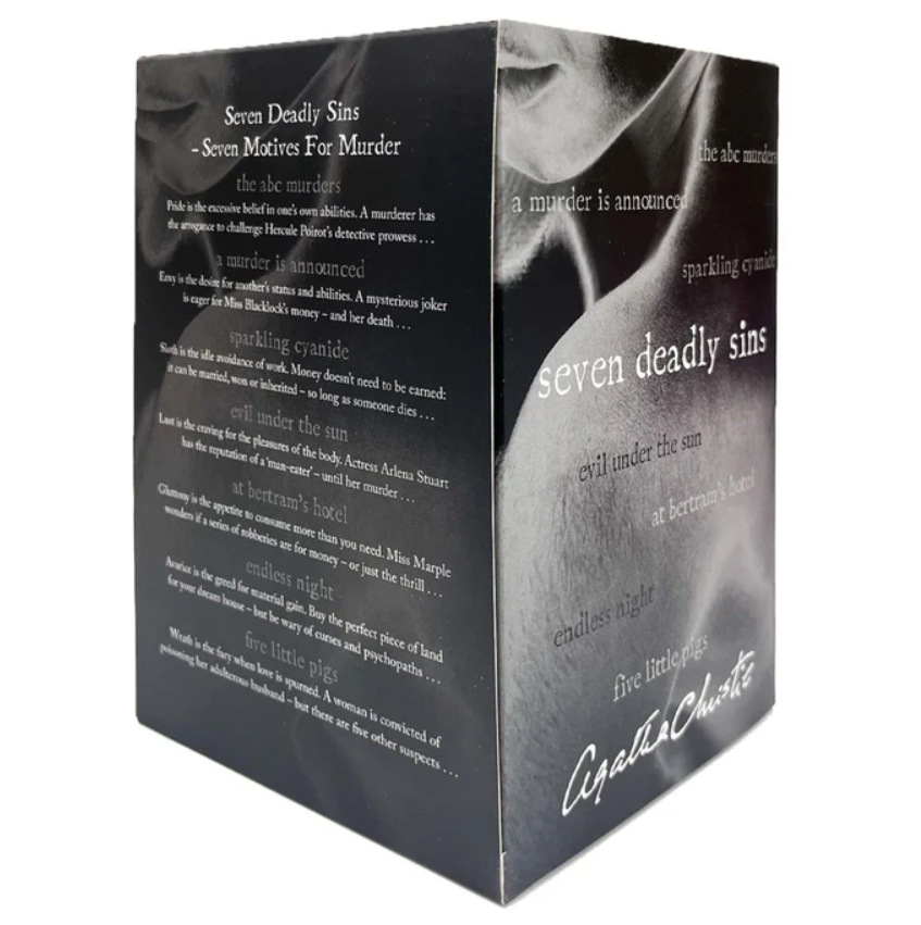 Book cover of 'Seven Deadly Sins' by Agatha Christie with text and a black and white image.