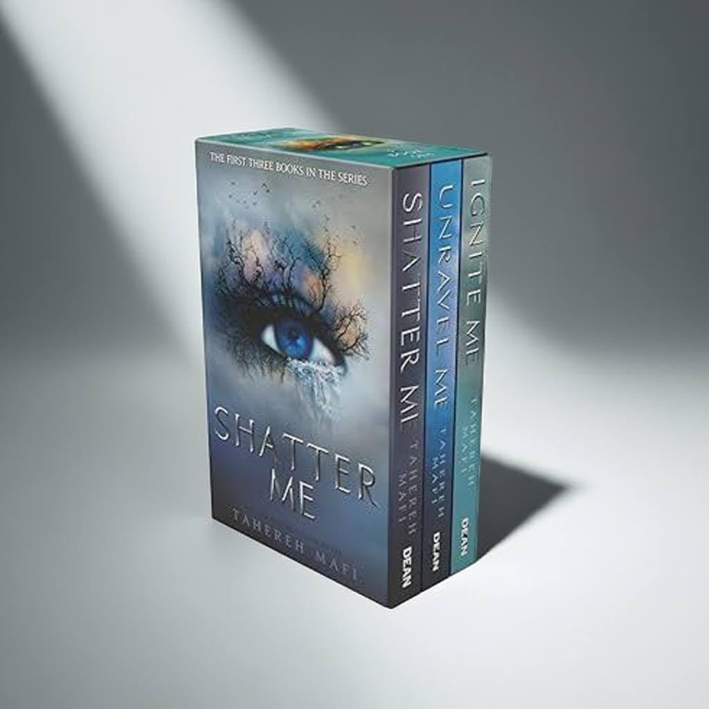Shatter Me 3 Book Box Set by Tahereh Mafi – angled front and spine view on white studio background with soft shadows