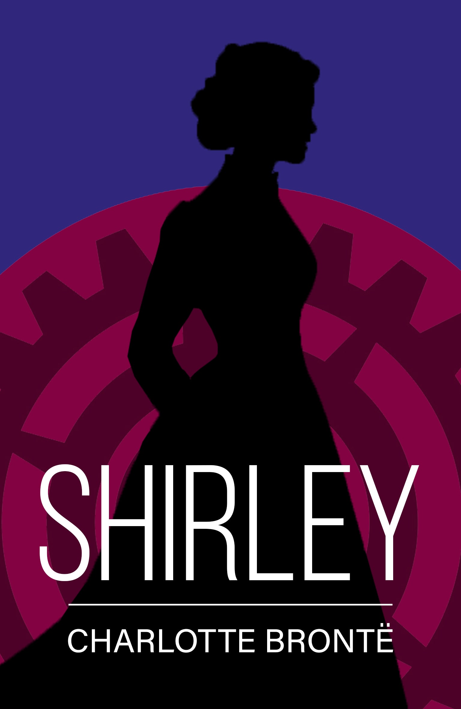Book cover of 'Shirley' by Charlotte Bronte with a silhouette of a woman against a purple and pink background.