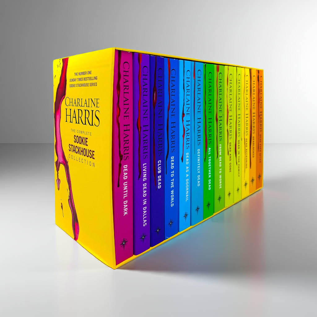Side view of the Sookie Stackhouse True Blood 13-Book Box Set by Charlaine Harris – colorful spines displayed on white background with soft studio lighting