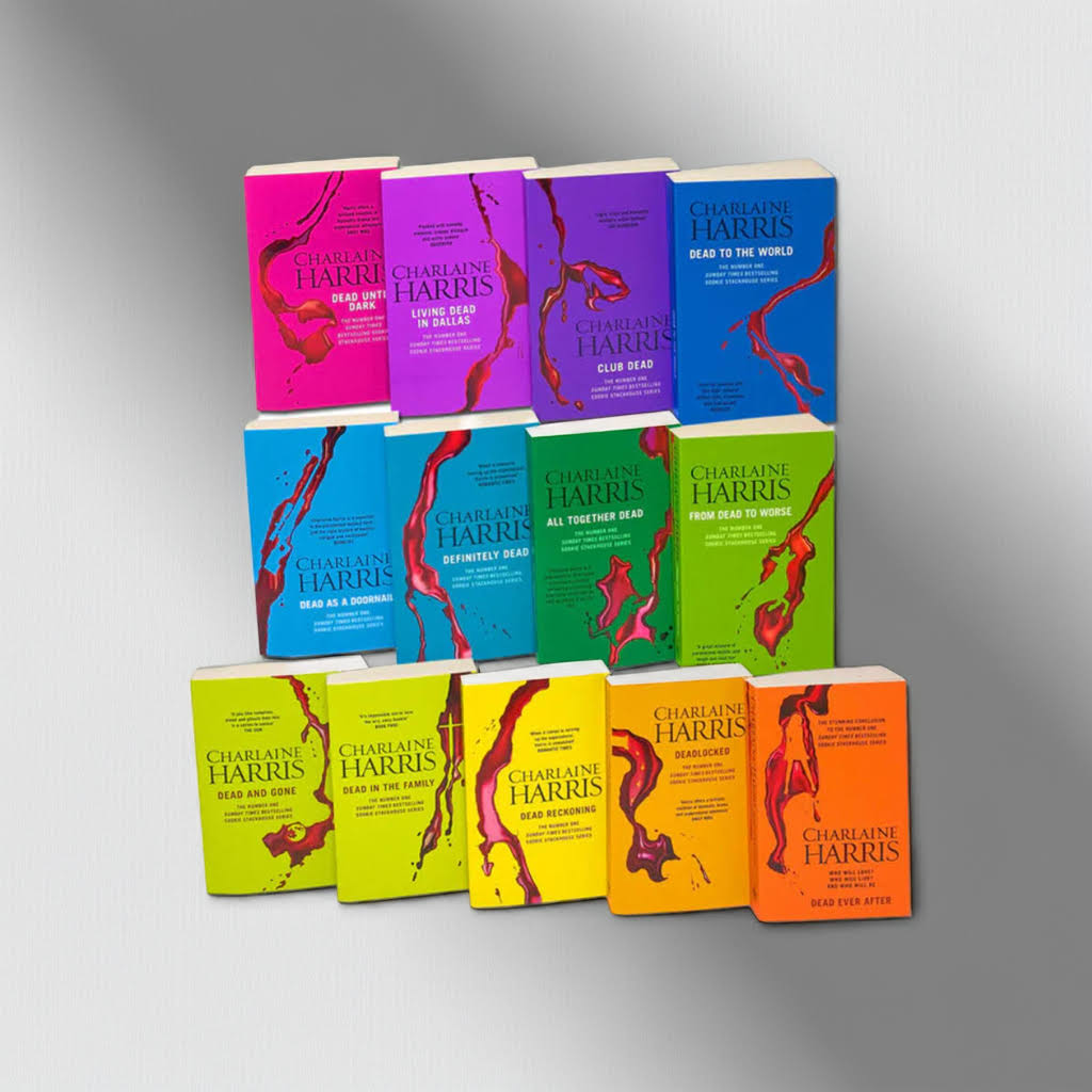 All 13 books from the Sookie Stackhouse True Blood Series by Charlaine Harris – displayed upright in grid layout with colorful front covers on white studio background
