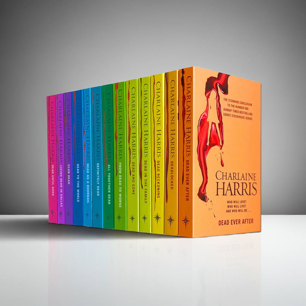 Front and side view of the Sookie Stackhouse True Blood 13-Book Box Set by Charlaine Harris – vibrant rainbow spines and illustrated cover, on clean studio background
