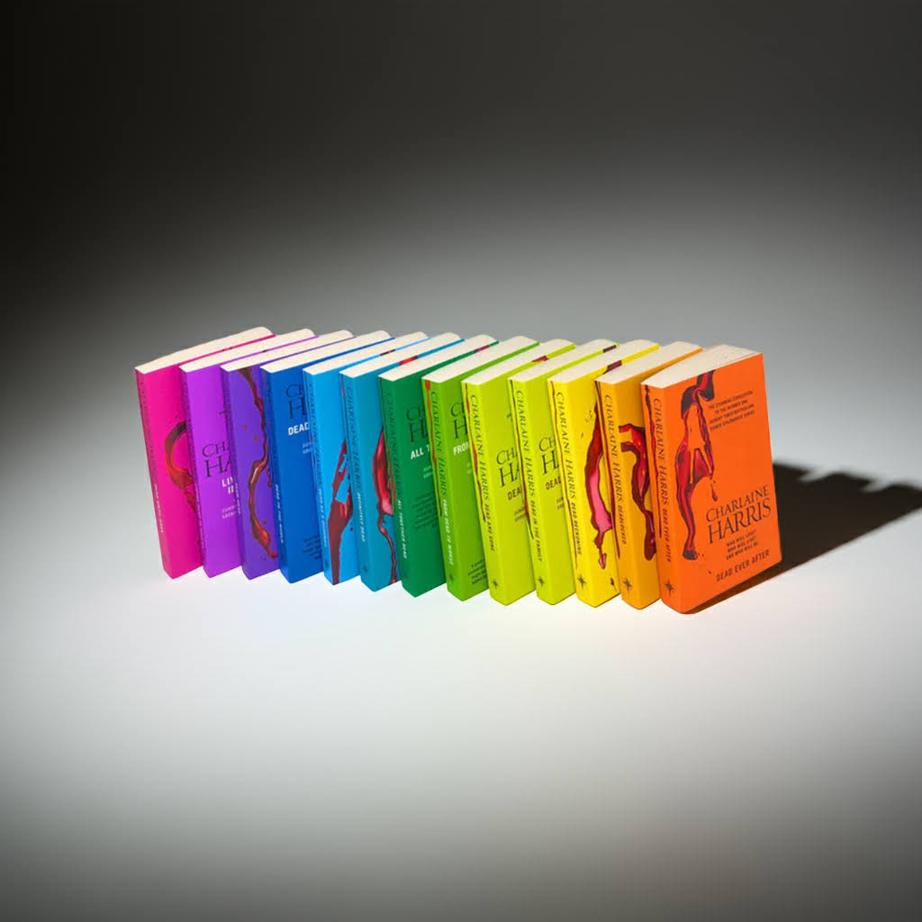 Horizontal view of the Sookie Stackhouse 13-Book Box Set by Charlaine Harris – rainbow-colored spines displayed flat on white background