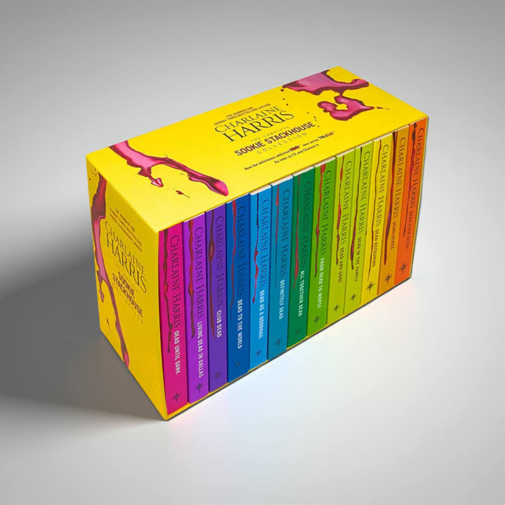 Top-front view of the Sookie Stackhouse True Blood 13-Book Box Set by Charlaine Harris – colorful rainbow spines displayed on white studio background