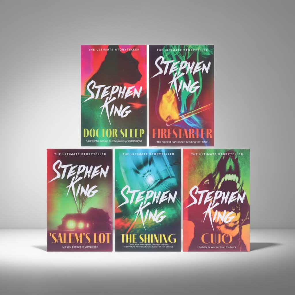 Stephen King 5 Book Box Set front view on clean white background – includes Cujo, Doctor Sleep, Firestarter, Salem's Lot and The Shining