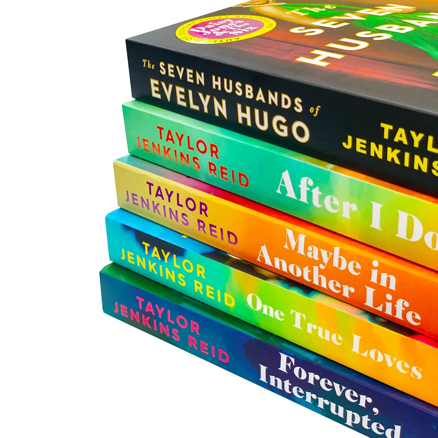 Stack of books by Taylor Jenkins Reid and Evelyn Hugo on a white background