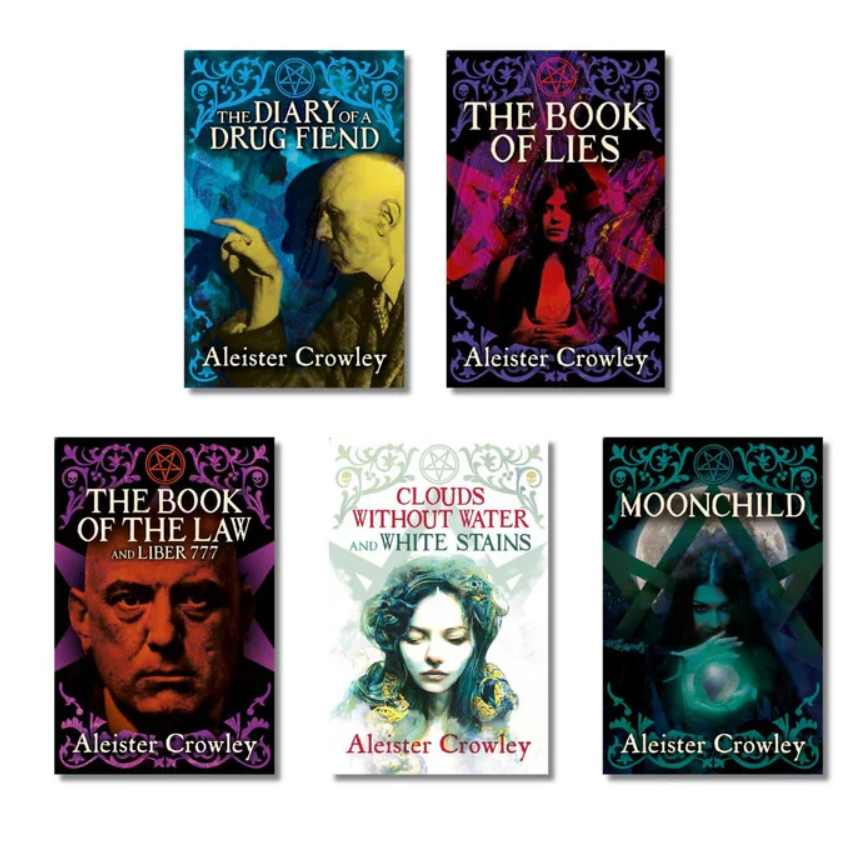 Five books by Aleister Crowley with colorful covers on a white background