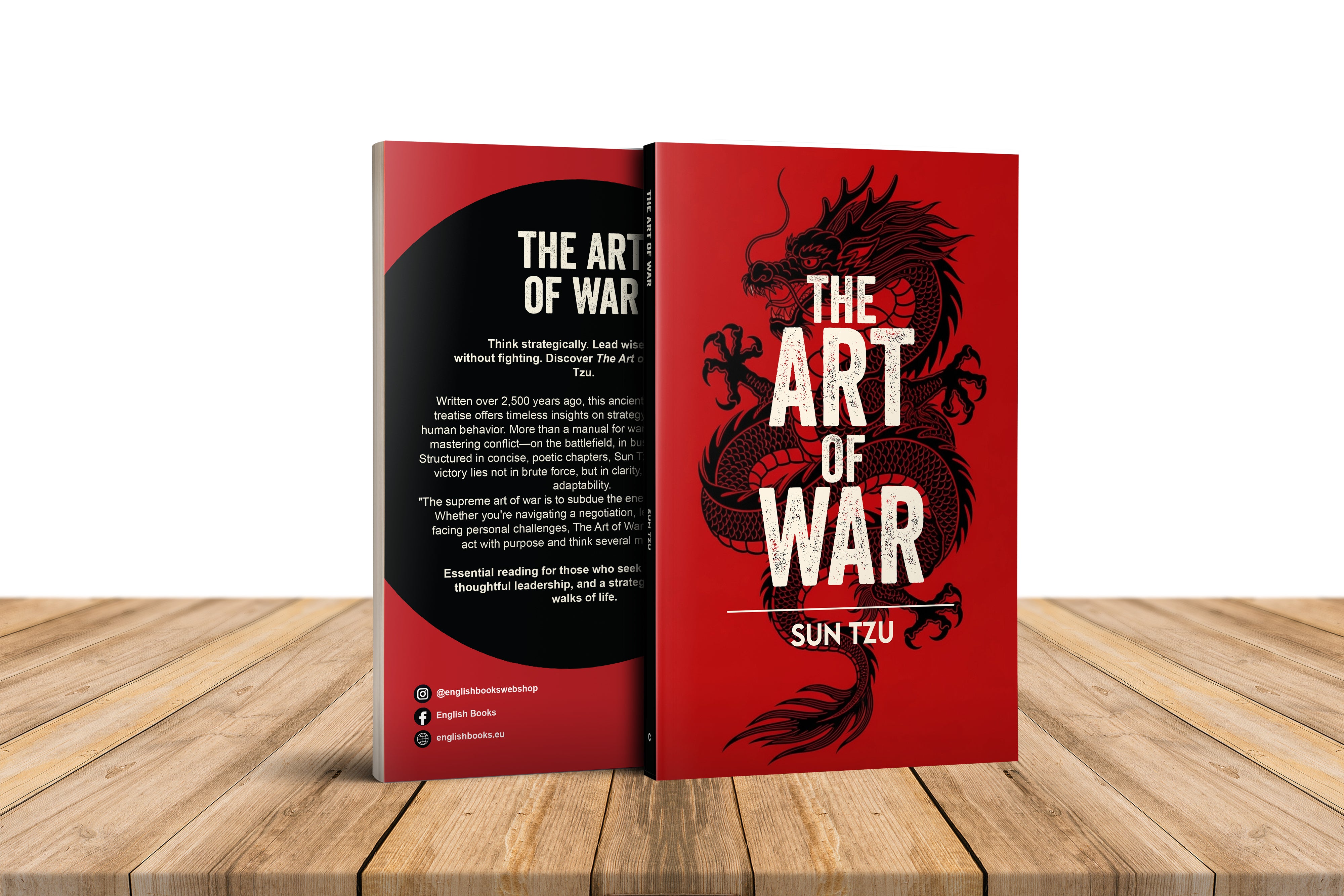 Book titled 'The Art of War' by Sun Tzu on a wooden surface