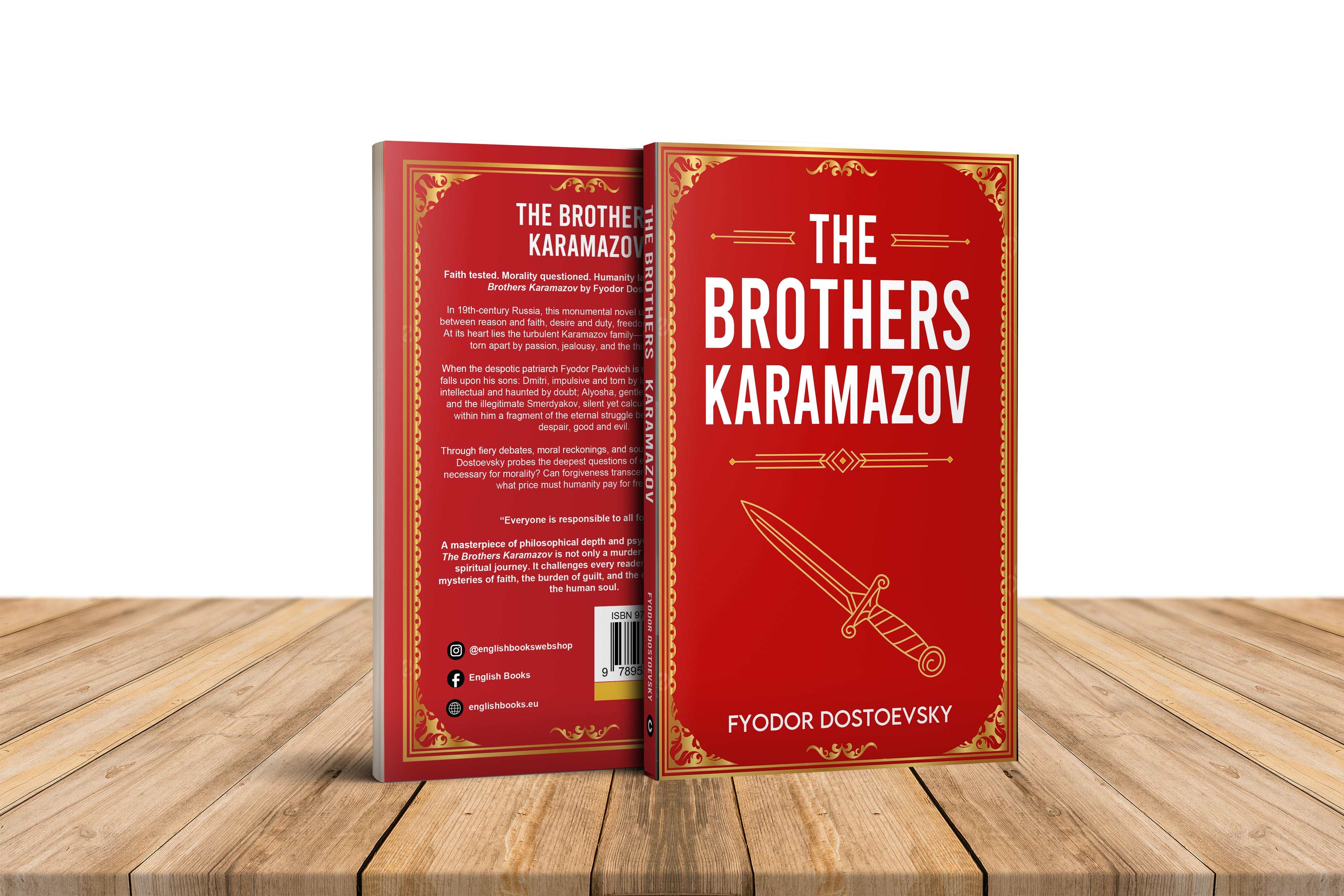 Book titled 'The Brothers Karamazov' by Fyodor Dostoevsky on a wooden surface