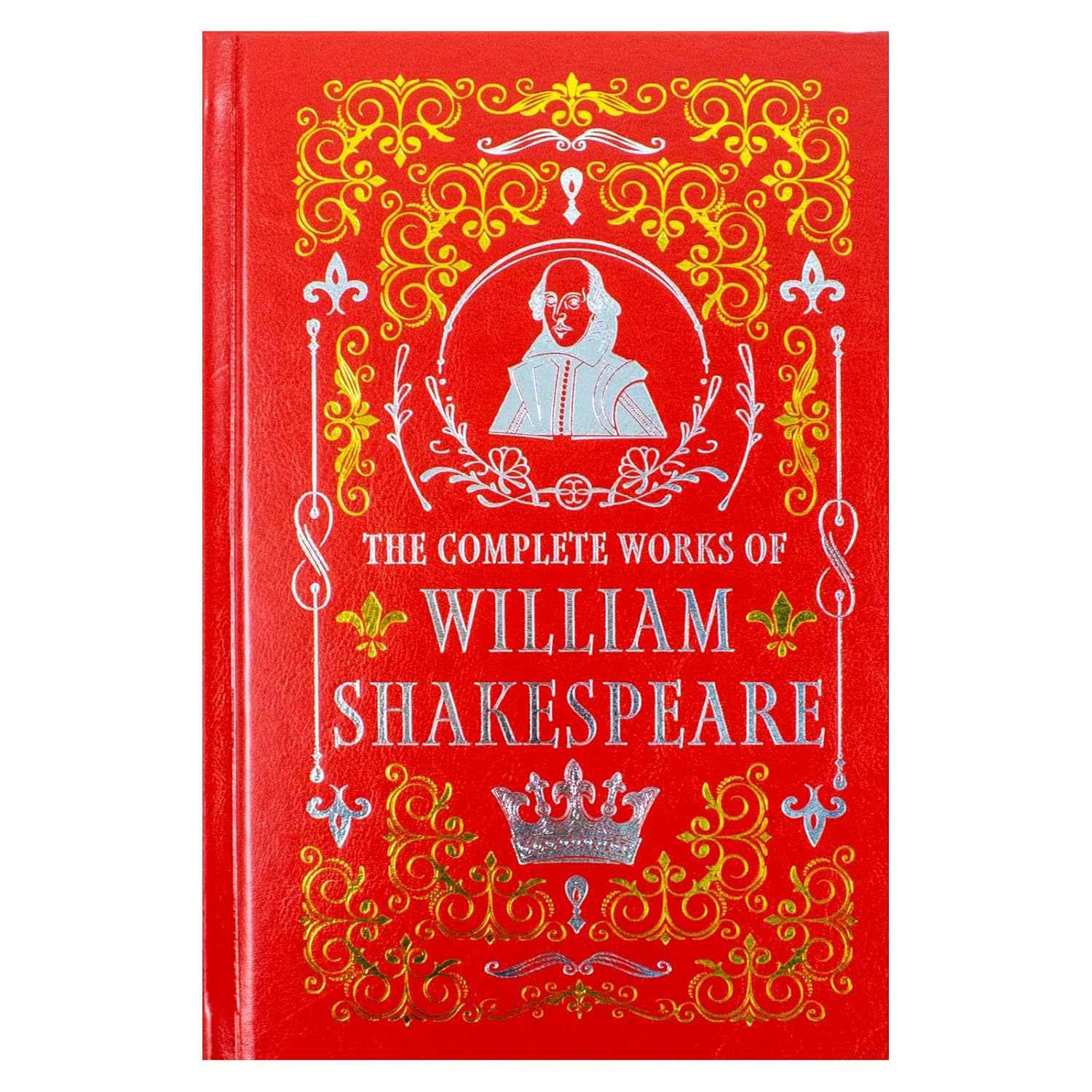 Red book cover with decorative elements and a portrait of William Shakespeare on a white background
