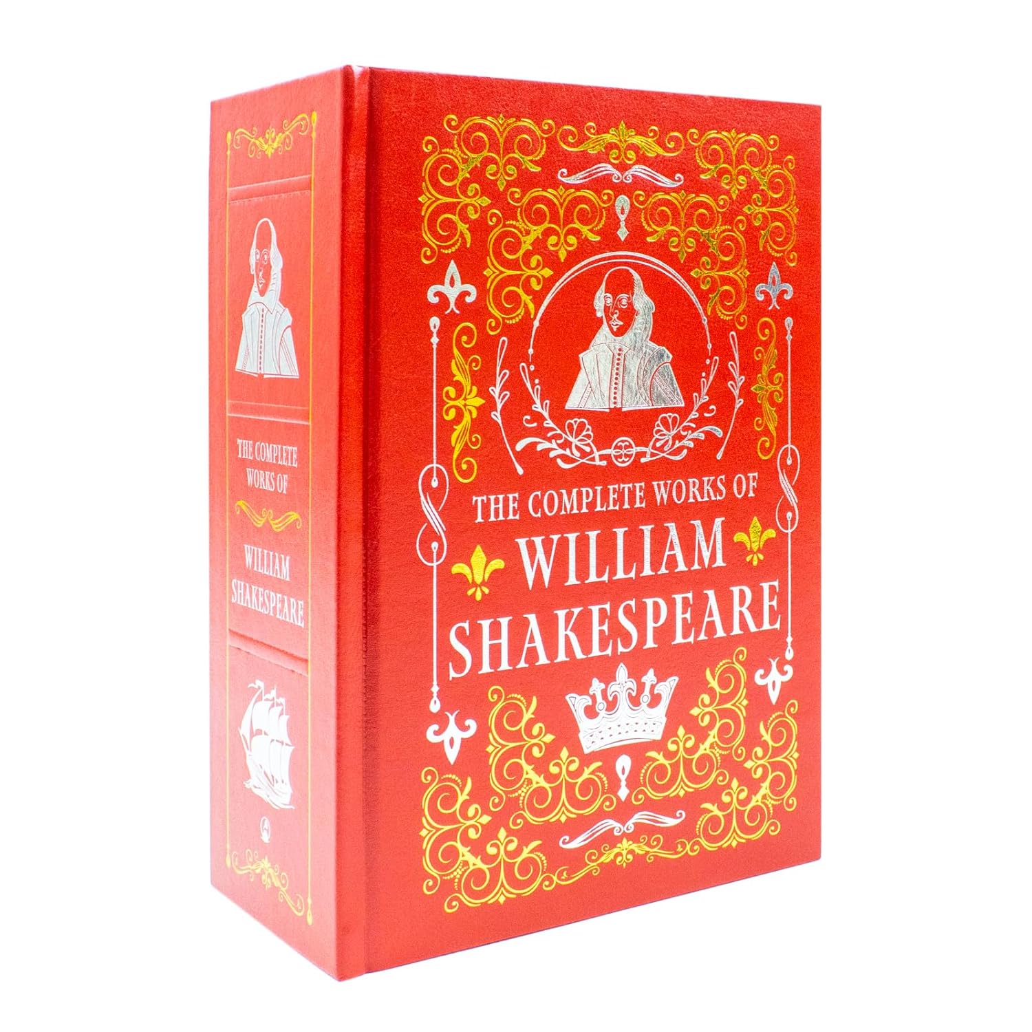 Red book titled 'The Complete Works of William Shakespeare' with decorative elements on a white background