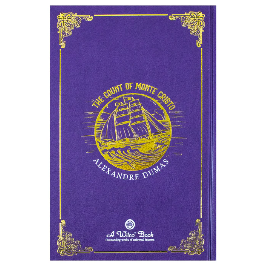 Purple book cover with yellow ship illustration and text, featuring 'The Count of Monte Cristo' by Alexandre Dumas.