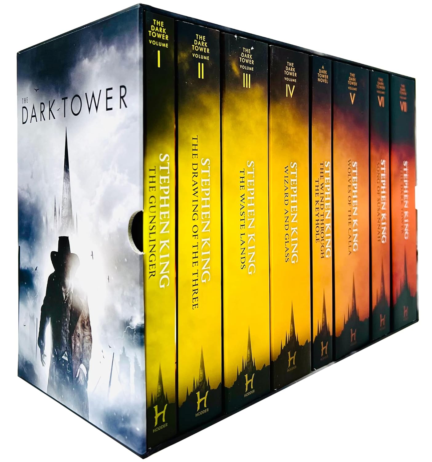 The Dark Tower – 8 Book Box Set by Stephen King – Complete Collection Featuring The Gunslinger, The Drawing of the Three, The Waste Lands, and More – Spines and Box Displayed