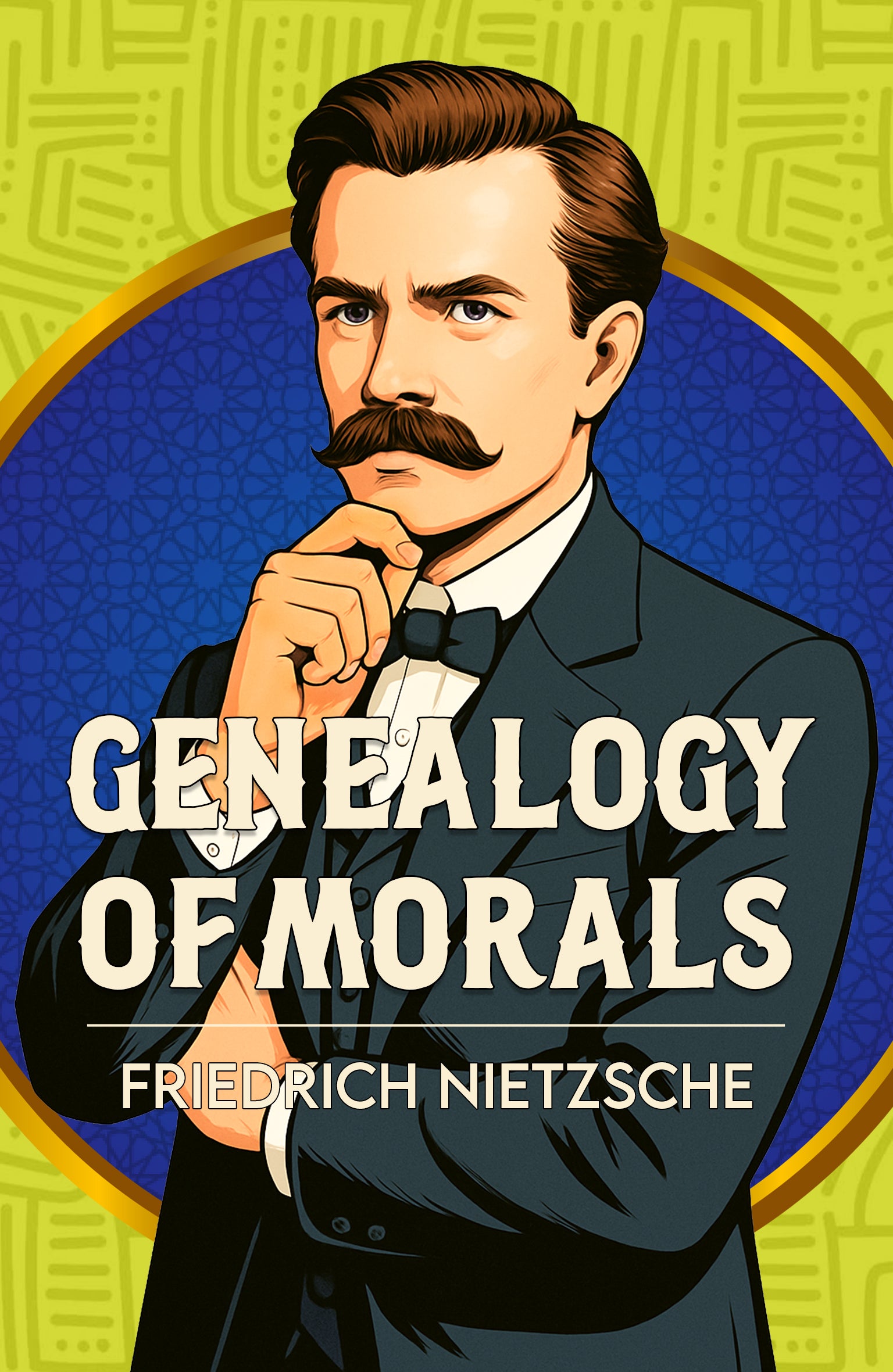 Book cover of 'Genealogy of Morals' by Friedrich Nietzsche with a stylized portrait of the author.