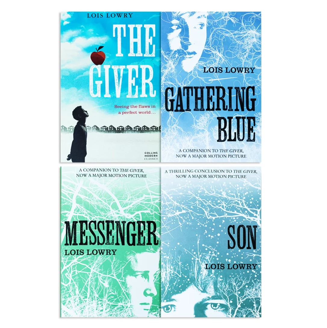 Four book covers for Lois Lowry novels arranged in a 2x2 grid: The Giver, Gathering Blue, Messenger, and Son. The covers use icy blue, teal, and mint green tones with black typography and white branch-like line art.