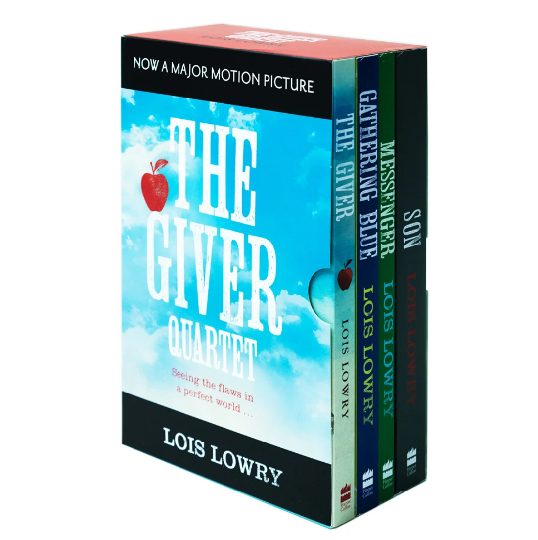 The Giver Quartet boxed set by Lois Lowry, featuring four books with a bright blue cover, red apple illustration, and black spines, shown on a plain white background.