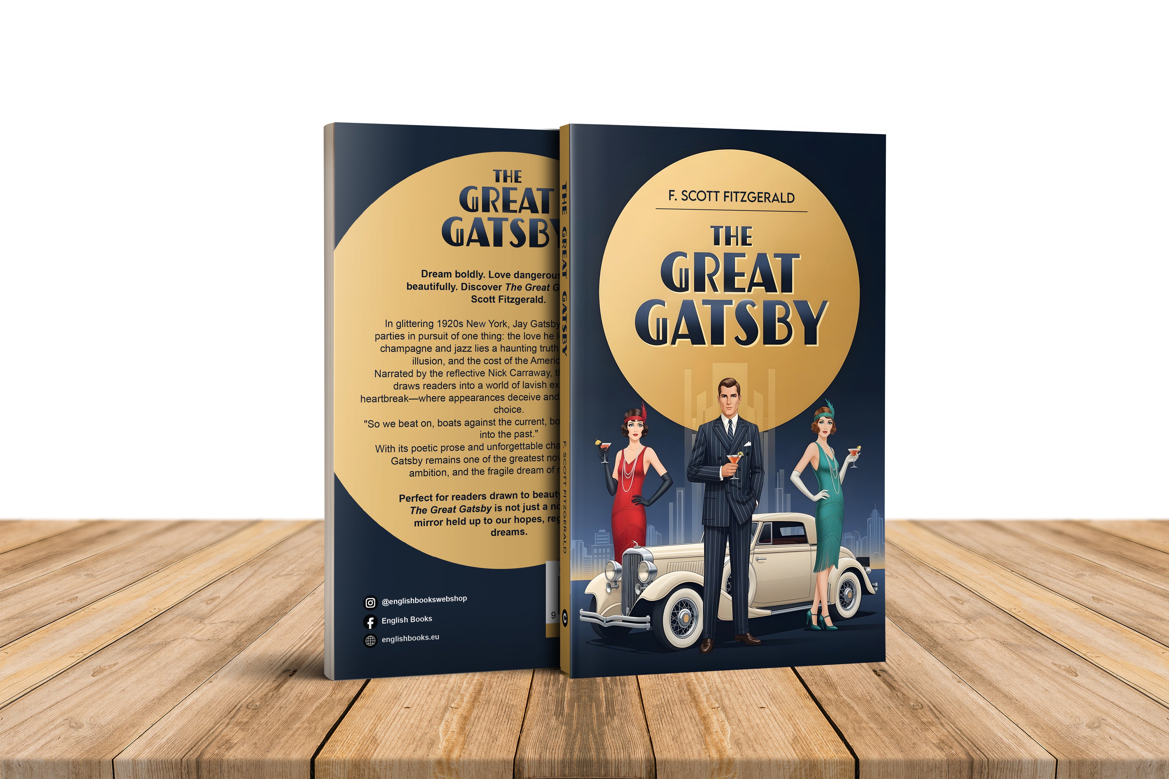 Book titled 'The Great Gatsby' by F. Scott Fitzgerald on a wooden surface