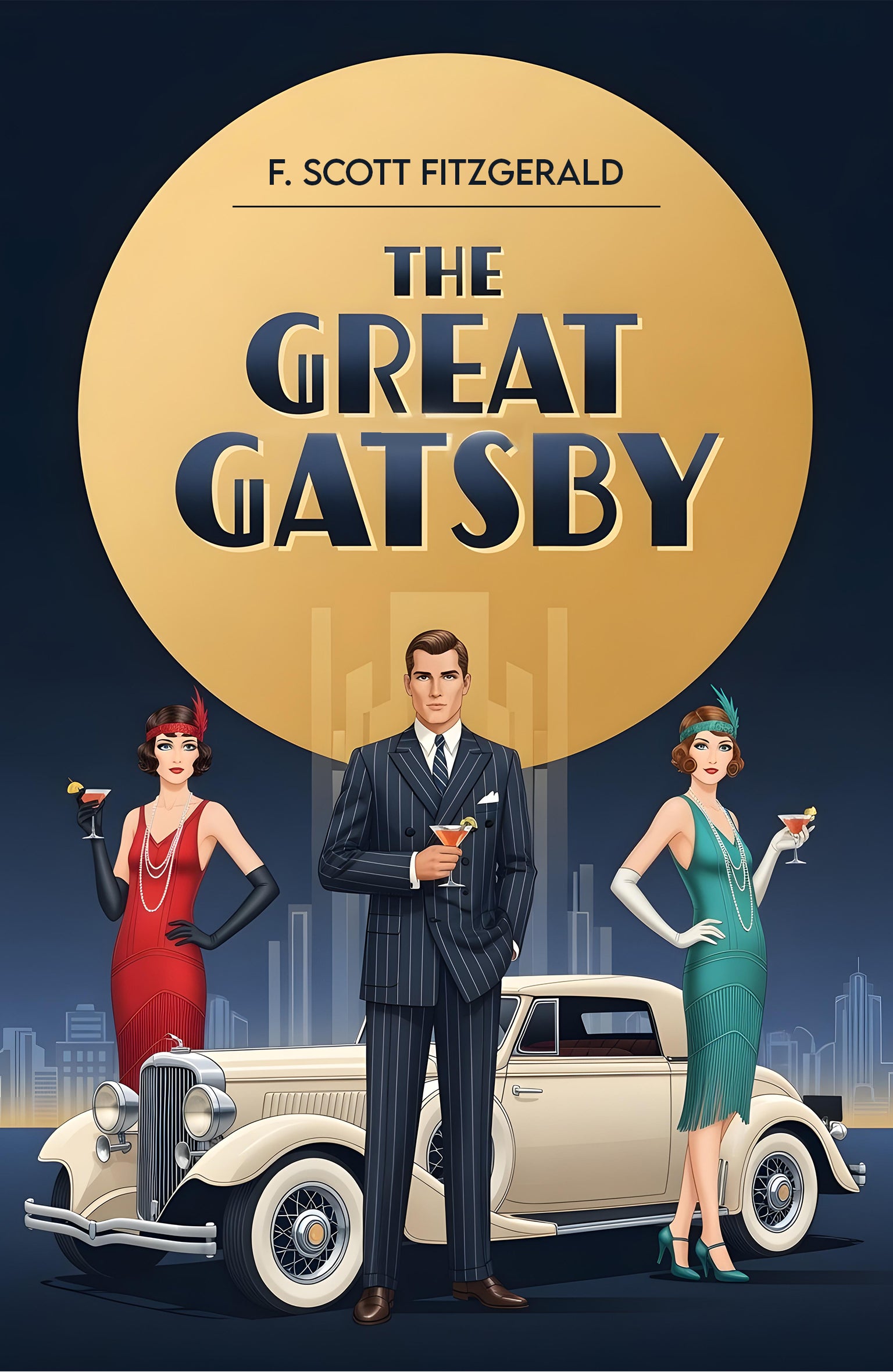 Book cover of 'The Great Gatsby' with characters and vintage car illustration.