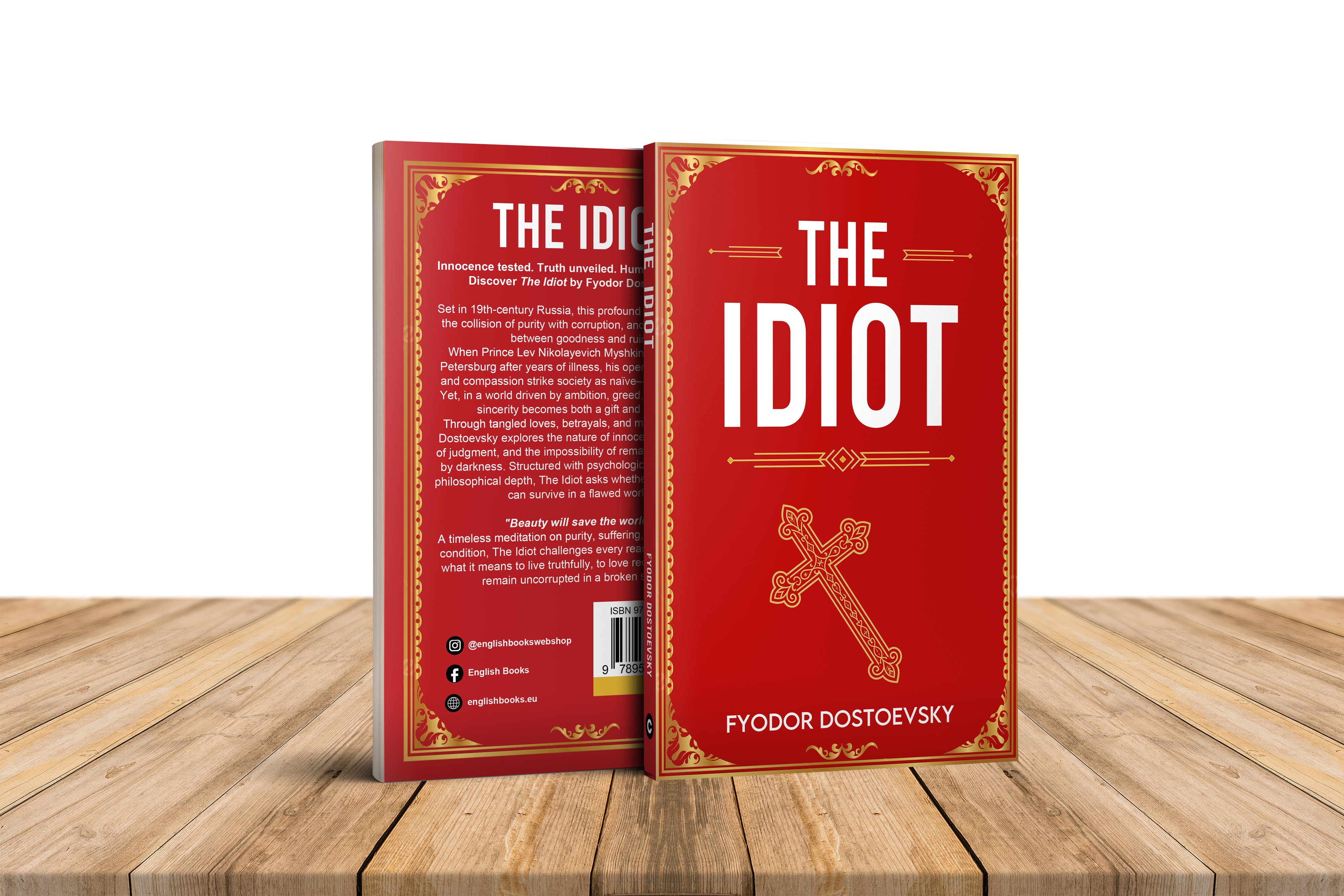 Book titled 'The Idiot' by Fyodor Dostoevsky on a wooden surface