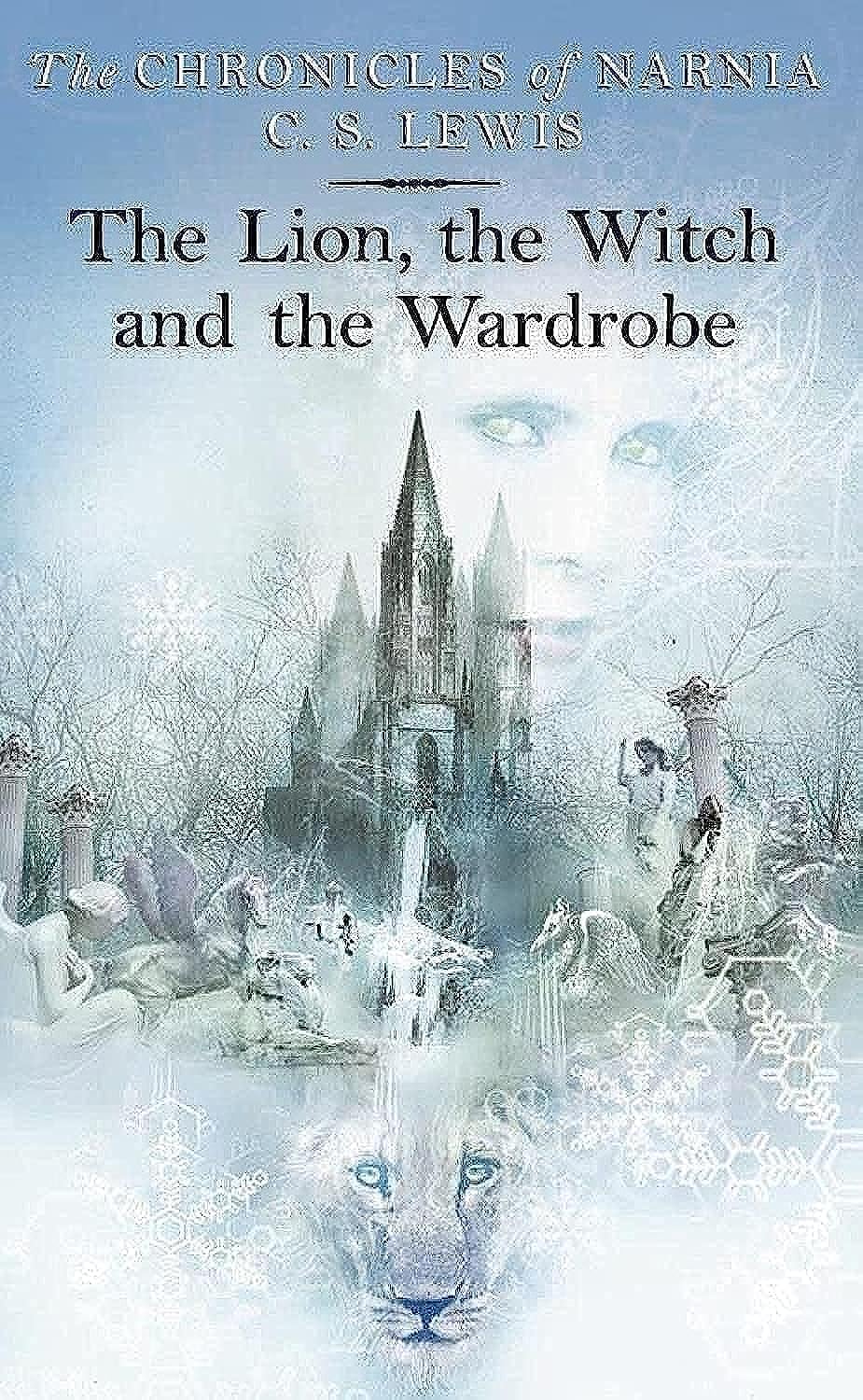 Book cover of 'The Lion, the Witch and the Wardrobe' by C.S. Lewis with a fantasy castle and white lion illustration.