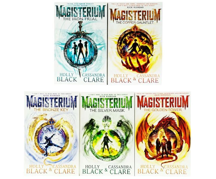 Five book covers for the Magisterium series by Holly Black and Cassandra Clare, arranged in two rows on a white background. The series include The Iron Trial, The Copper Gauntlet, The Bronze Key, The Silver Mask, and The Golden Tower.