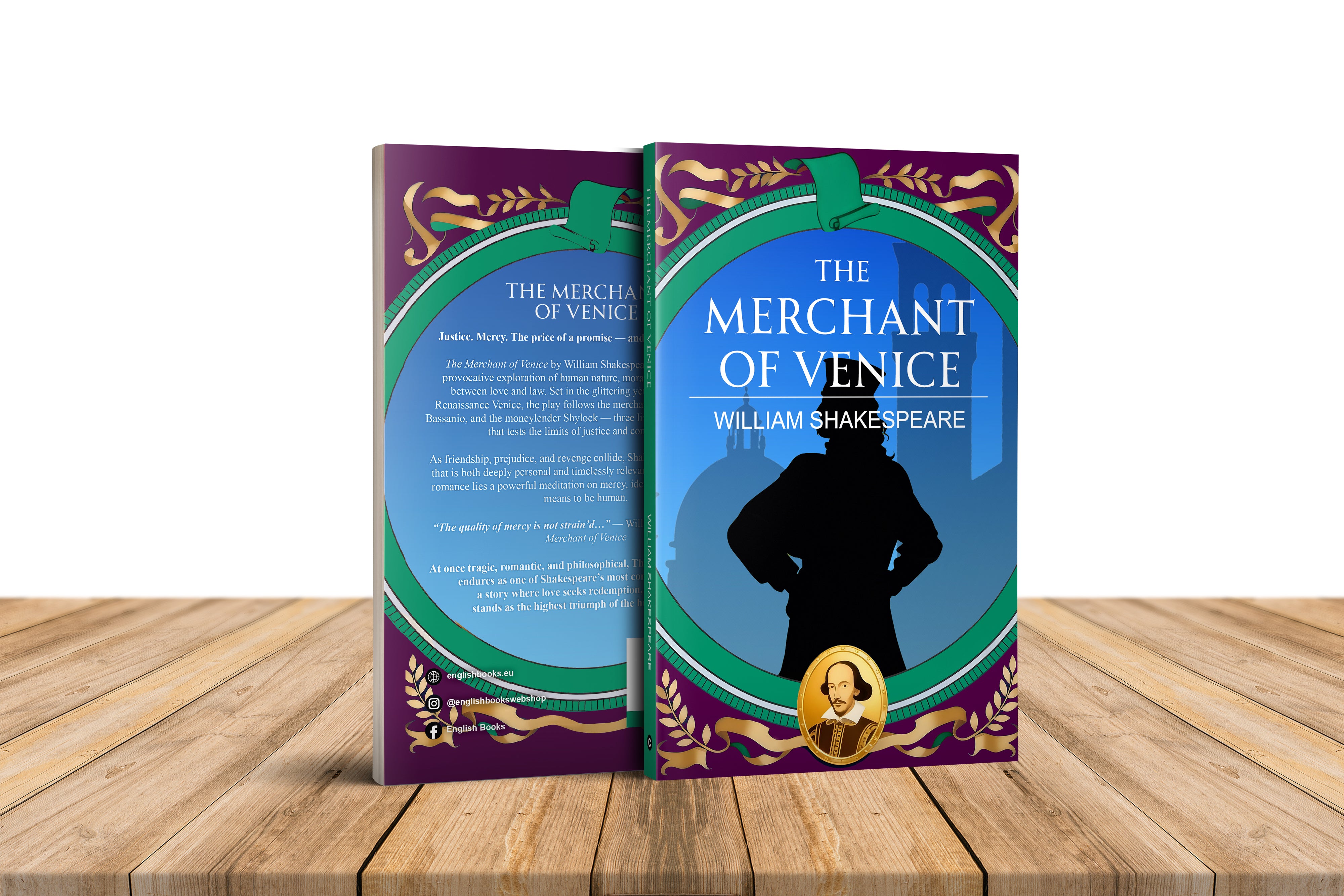 Book titled 'The Merchant of Venice' by William Shakespeare on a wooden surface