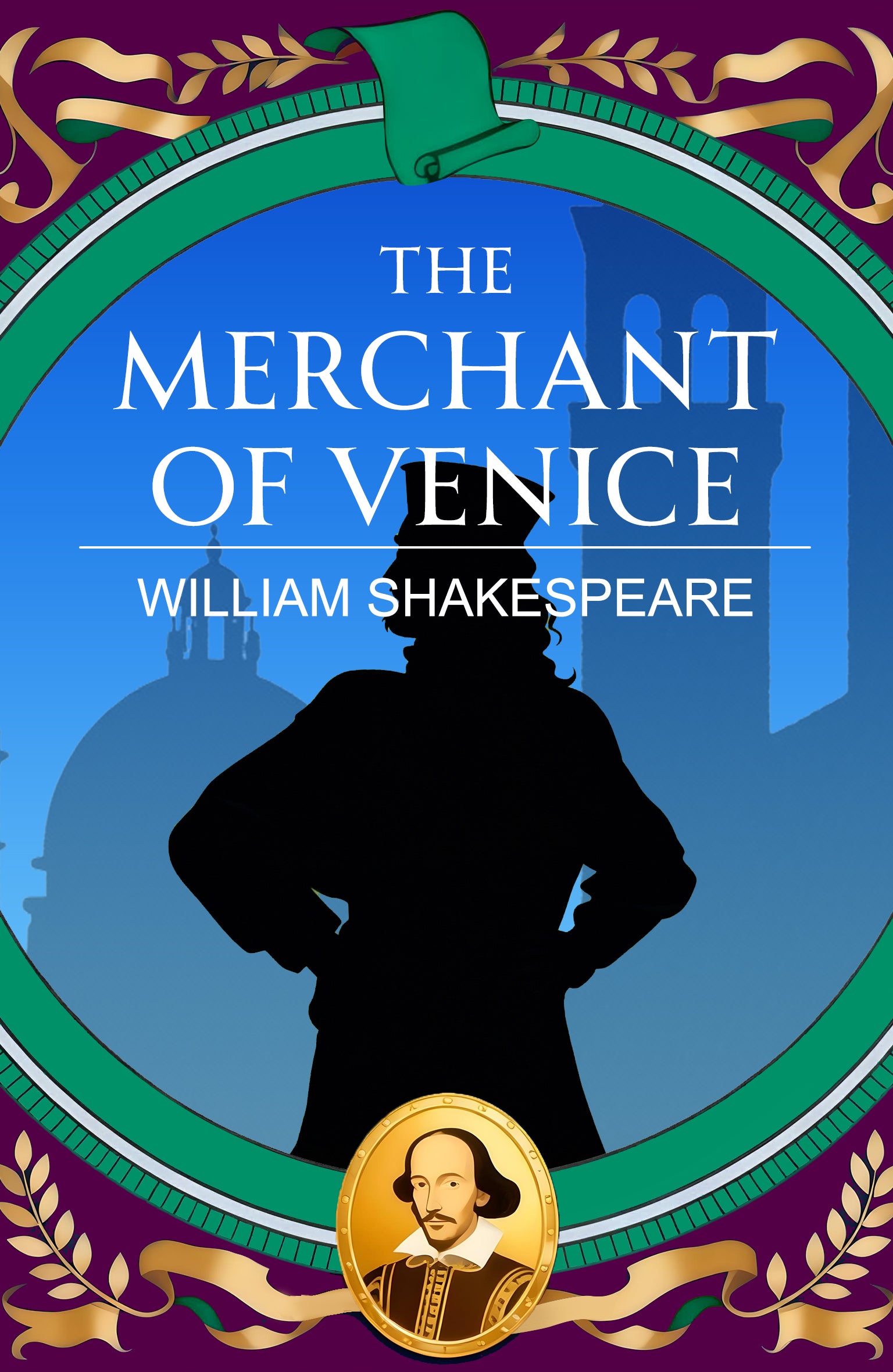 Book cover of 'The Merchant of Venice' by William Shakespeare with a silhouette and decorative elements.