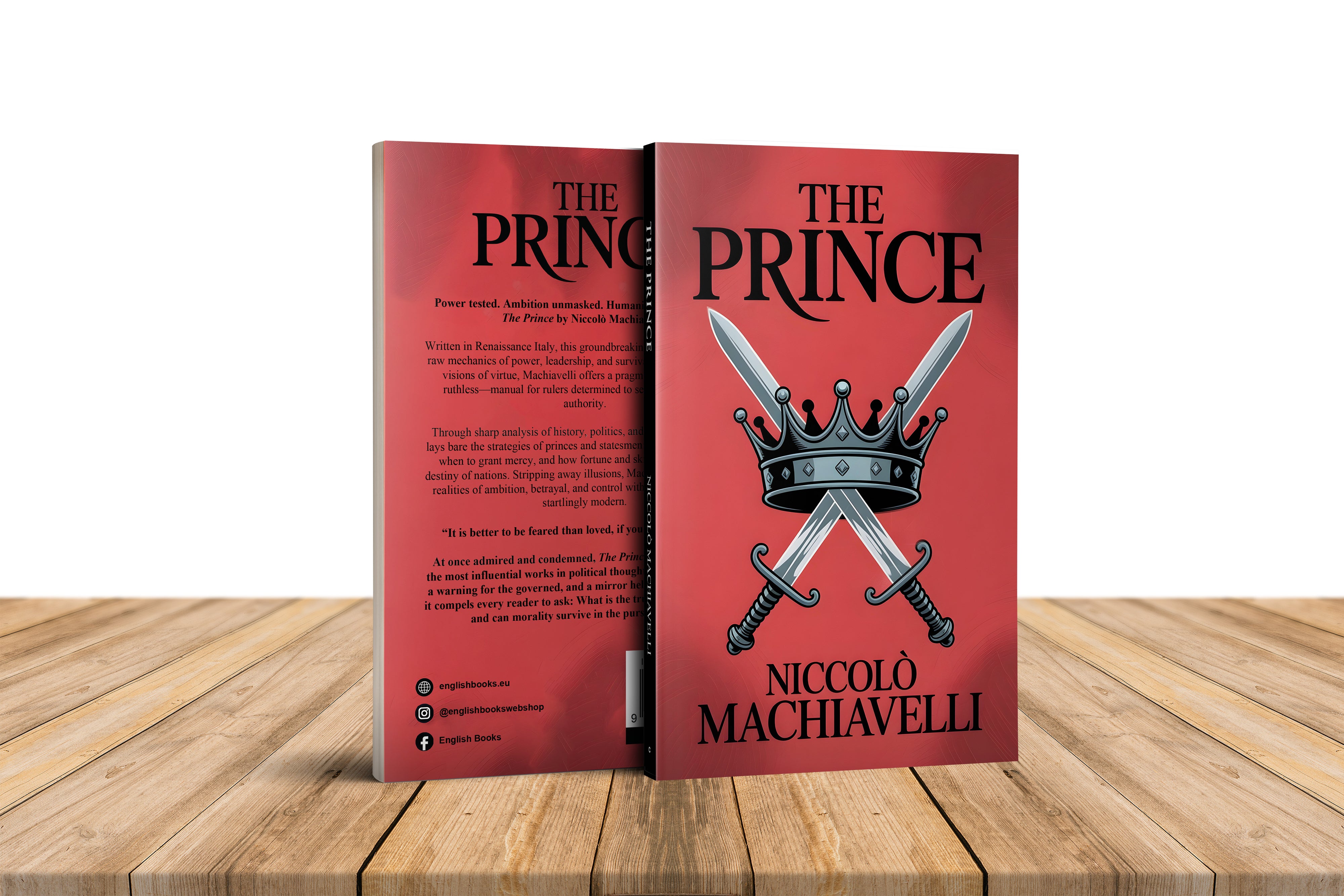 Book titled 'The Prince' by Niccolo Machiavelli on a wooden surface