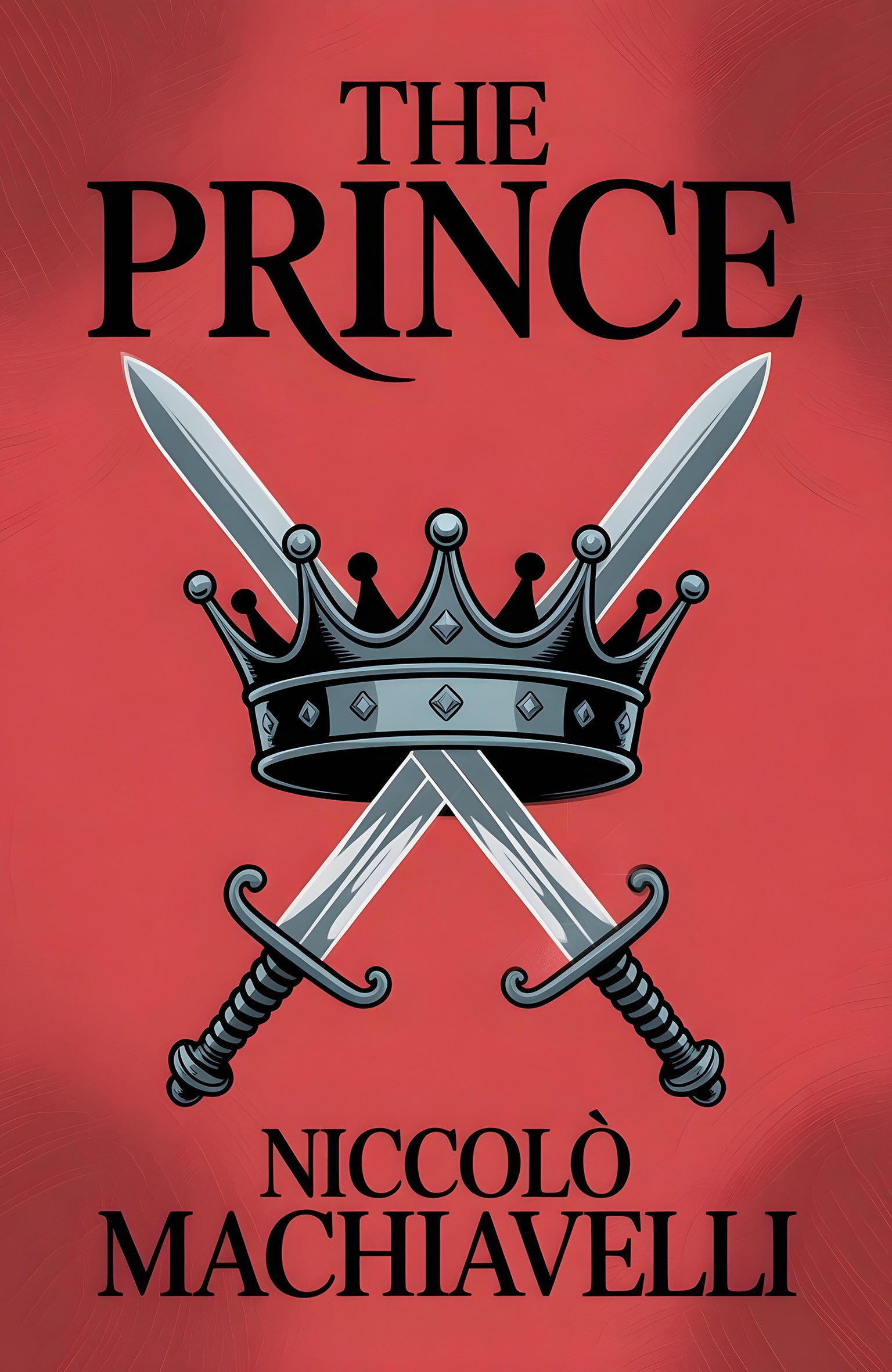 Book cover of 'The Prince' by Niccolò Machiavelli with crossed swords and a crown on a red background.