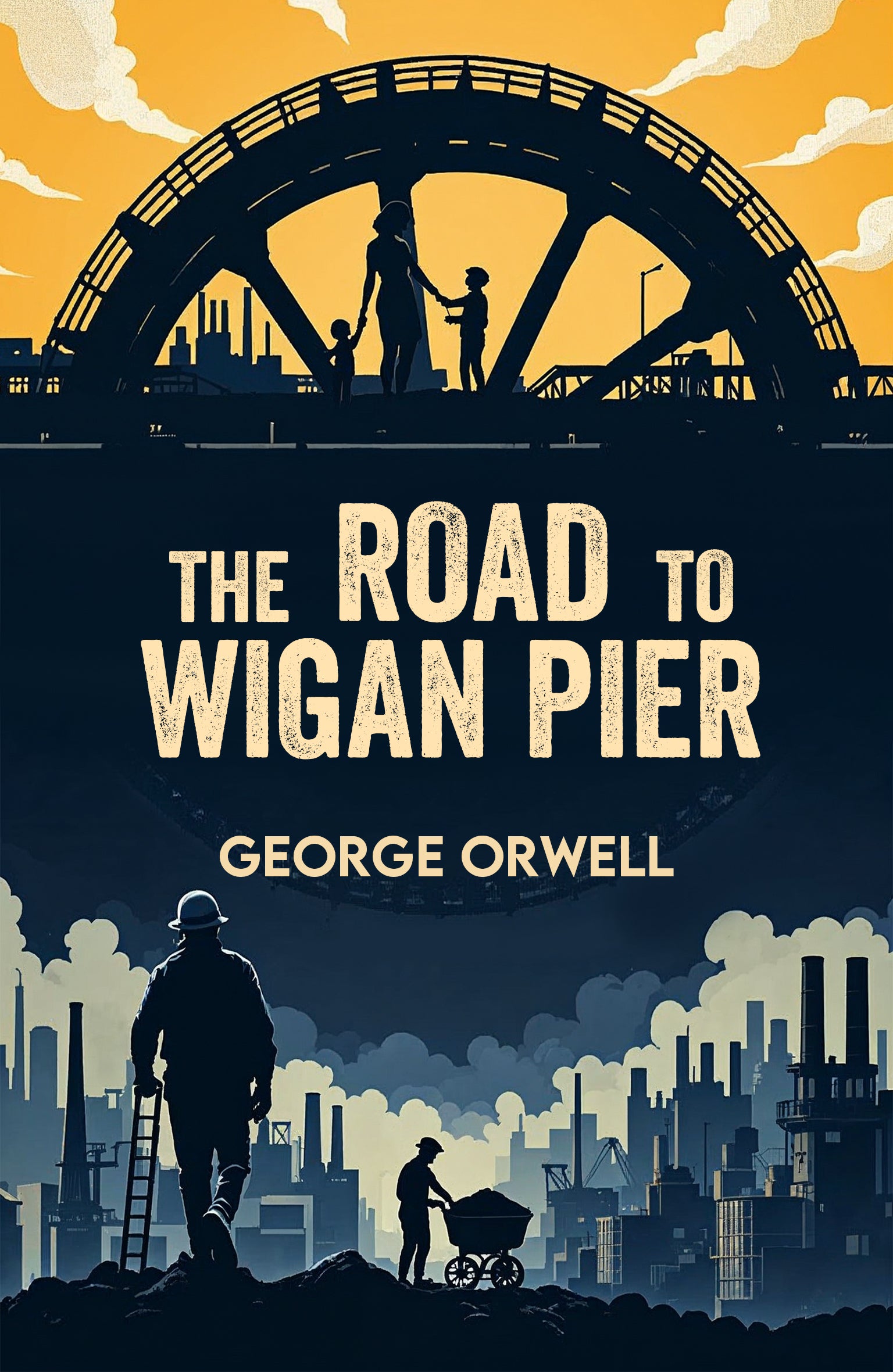 Book cover of 'The Road to Wigan Pier' by George Orwell with silhouettes and a bridge.