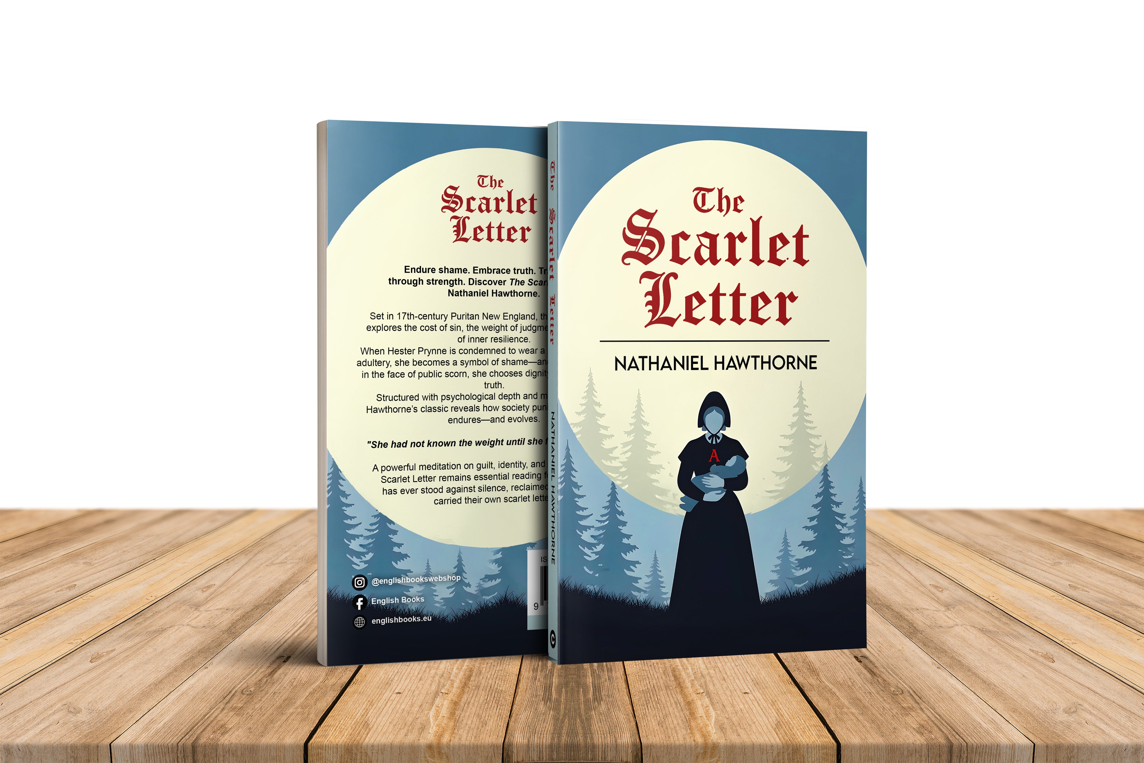 Book titled 'The Scarlet Letter' by Nathaniel Hawthorne on a wooden surface