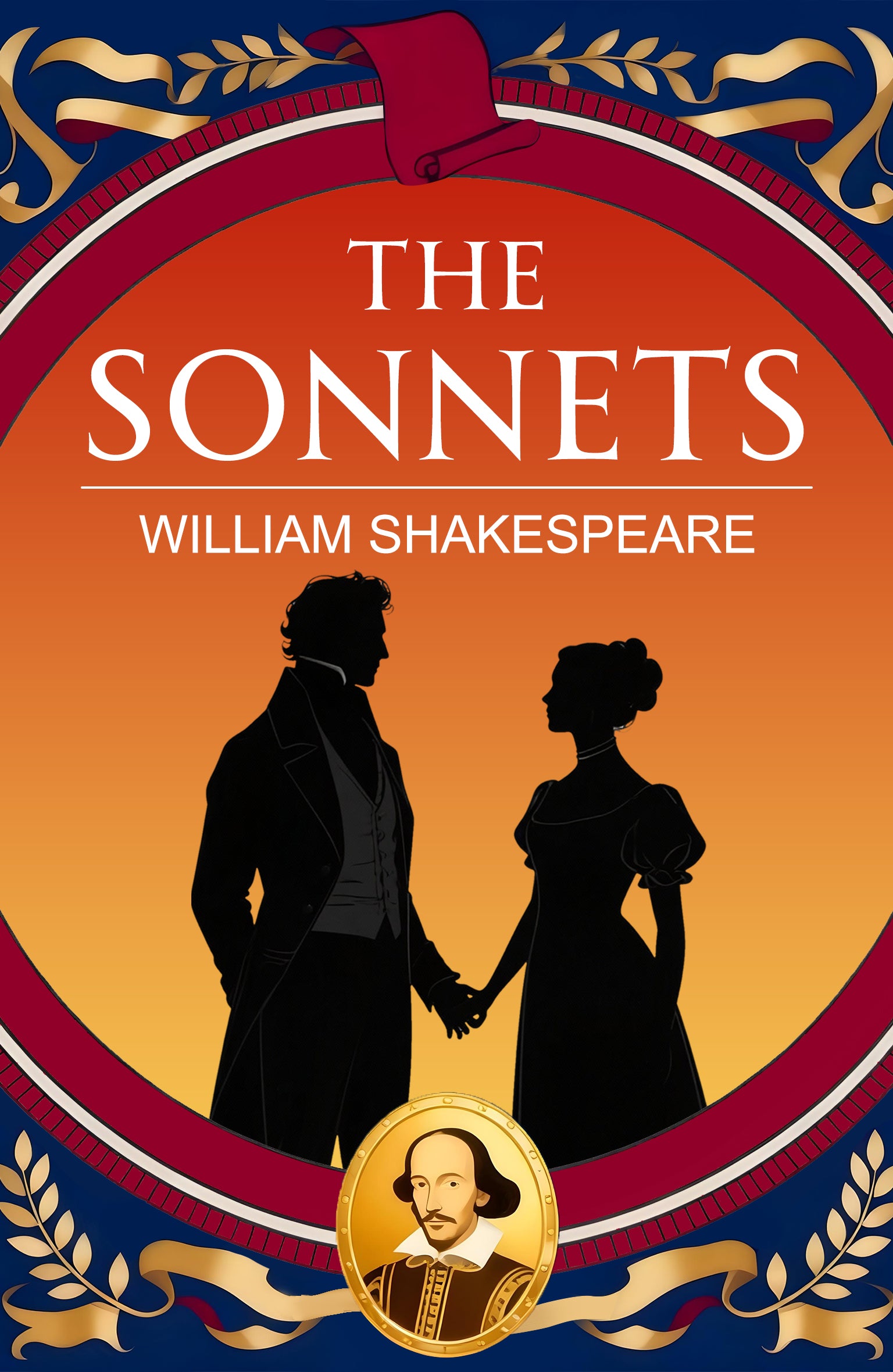 Book cover of 'The Sonnets' by William Shakespeare with silhouettes of a man and woman holding hands on an orange and blue background.