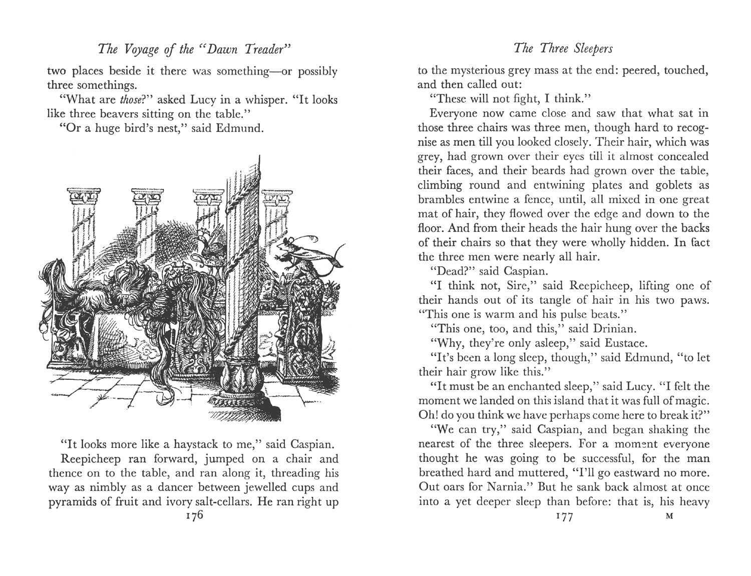 Page from a book with text and an illustration of three men in a room.