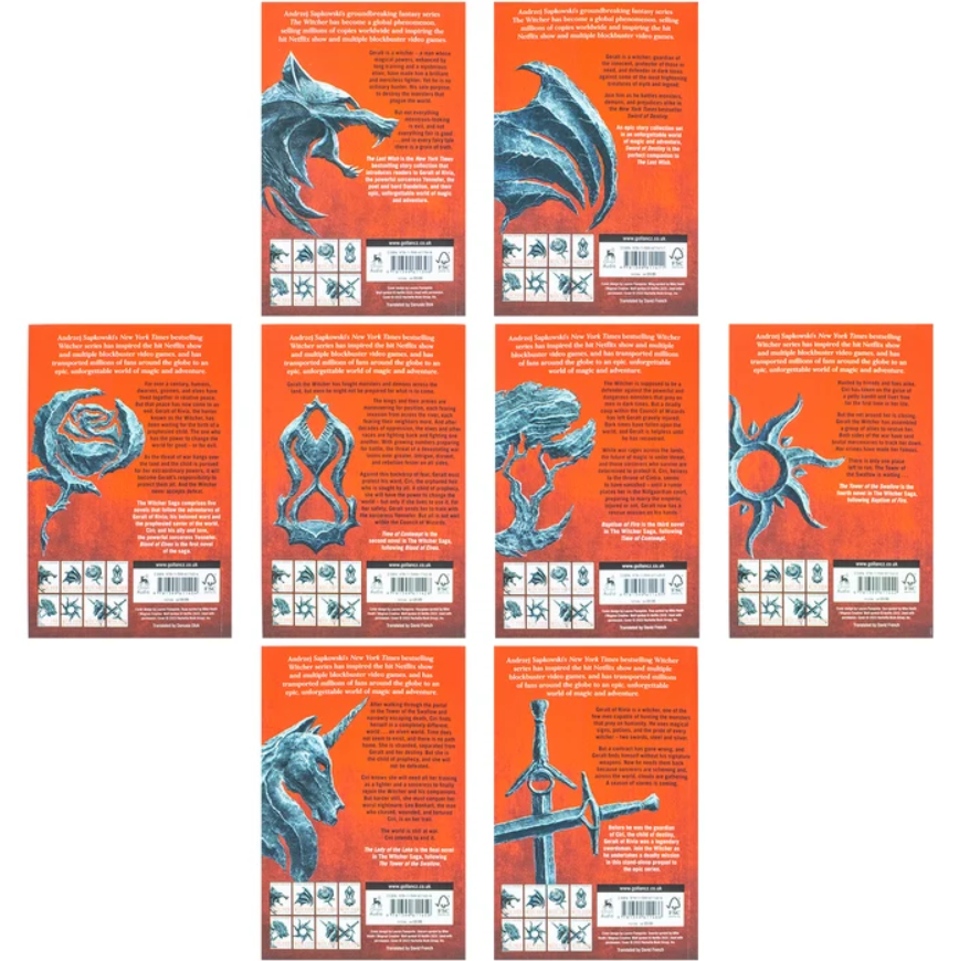 Seven book back covers arranged in a loose grid on a white background. Each cover features fantasy artwork in blue-gray with an orange-red background and white text blocks near the bottom.