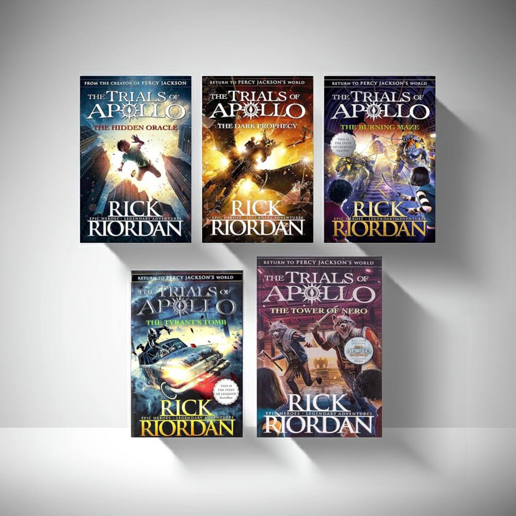 Front view of all five book covers from The Trials of Apollo box set by Rick Riordan displayed on a white studio background with soft shadows