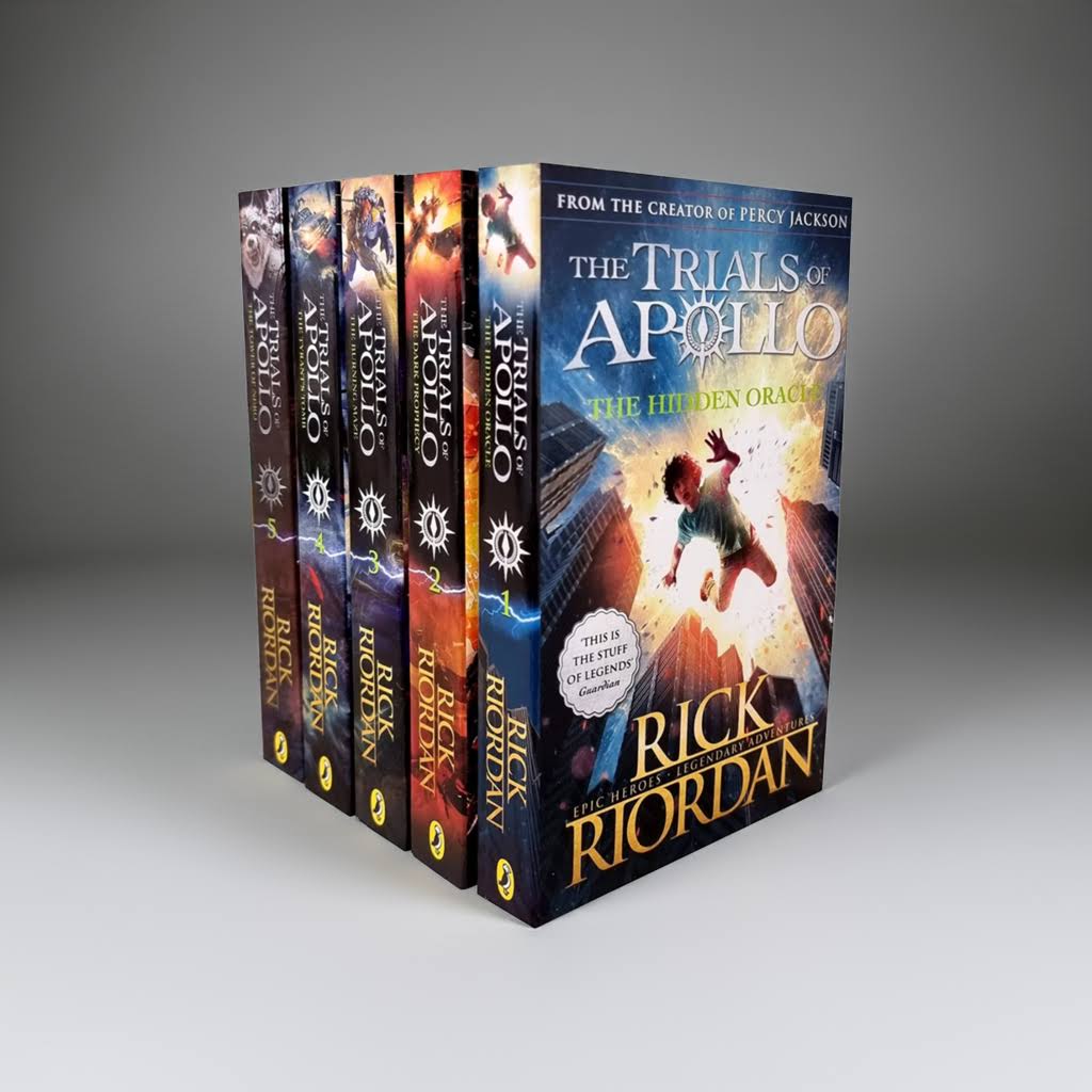 Trials of Apollo 5-book paperback box set by Rick Riordan displayed upright on a white studio background with subtle shadows